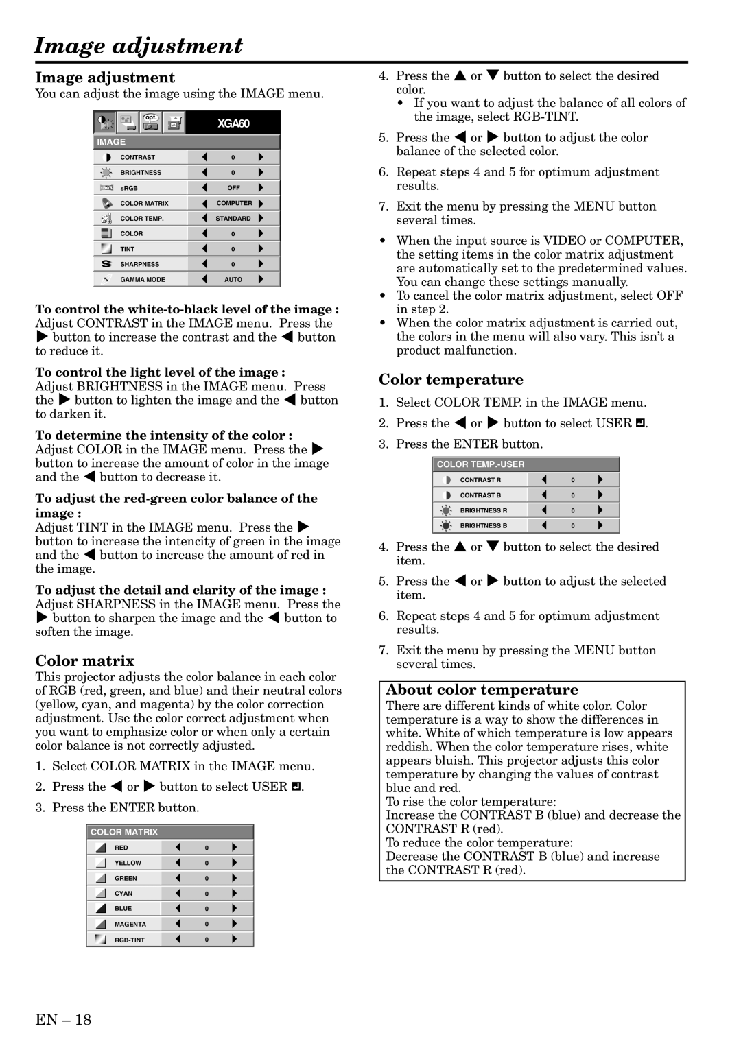 Mitsubishi Electronics SL6U user manual Image adjustment, Color matrix, Color temperature, About color temperature 