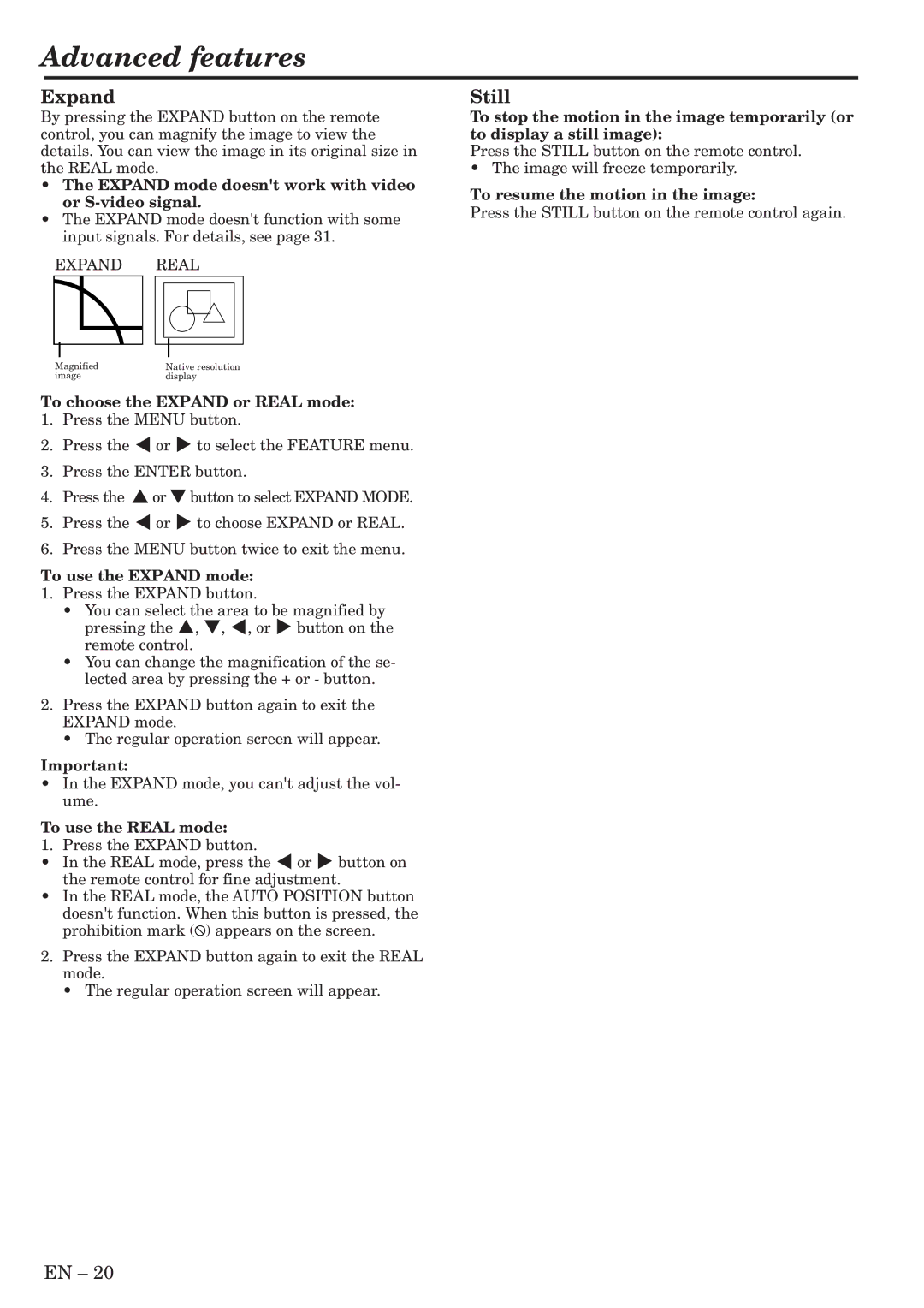 Mitsubishi Electronics SL6U user manual Advanced features, Expand, Still 