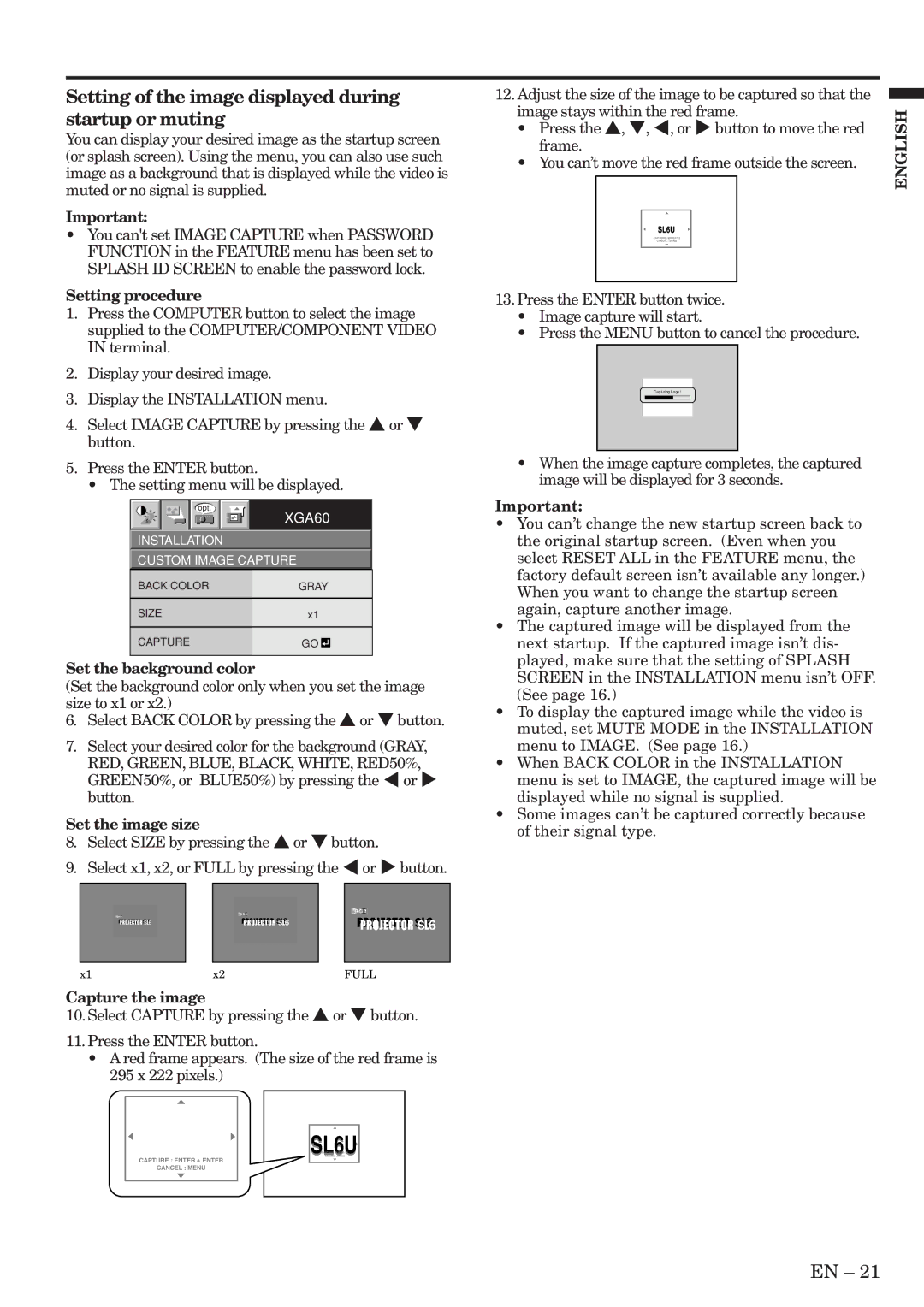 Mitsubishi Electronics SL6U Setting of the image displayed during startup or muting, Setting procedure, Set the image size 