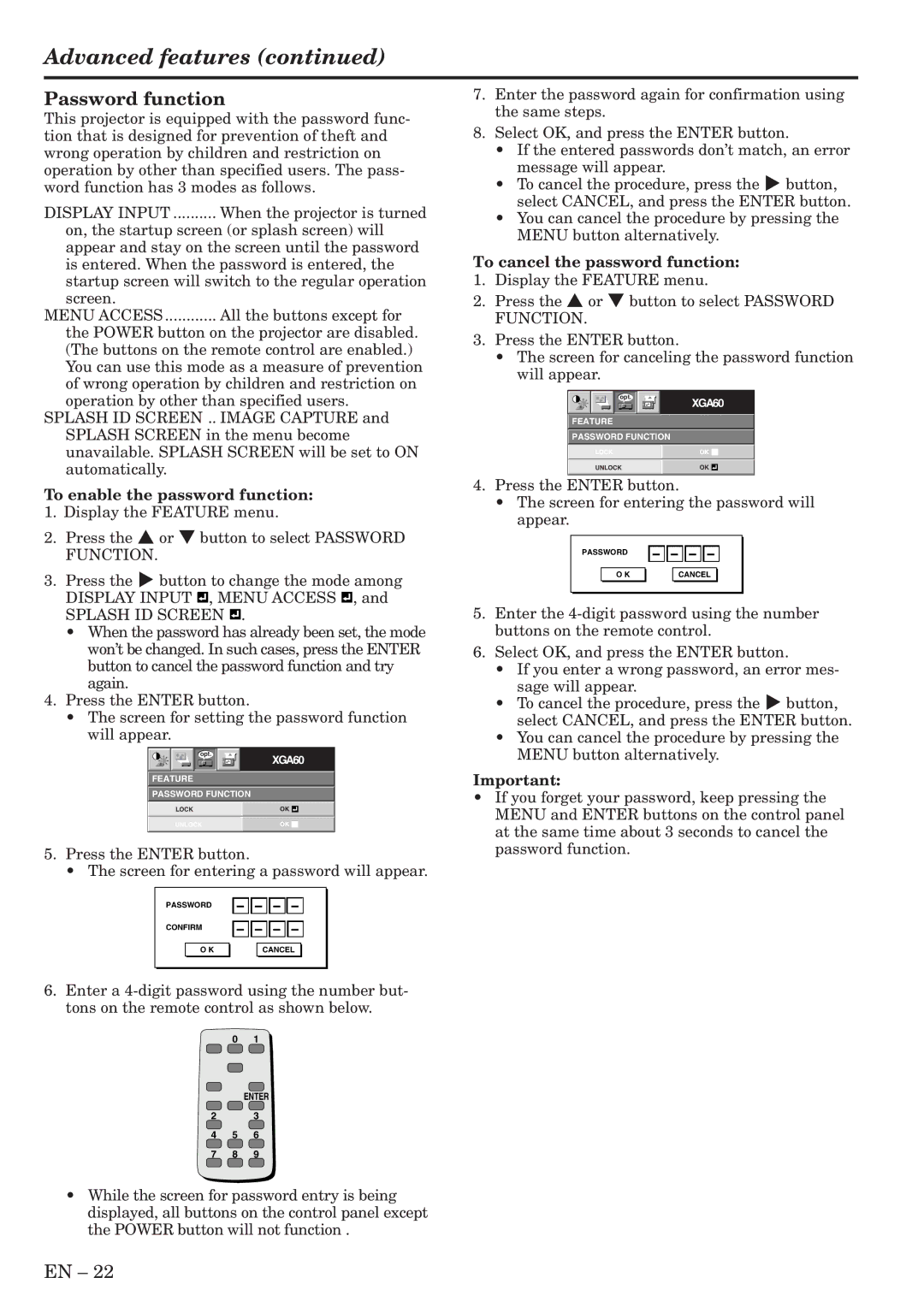 Mitsubishi Electronics SL6U Advanced features, Password function, To cancel the password function, Splash ID Screen 