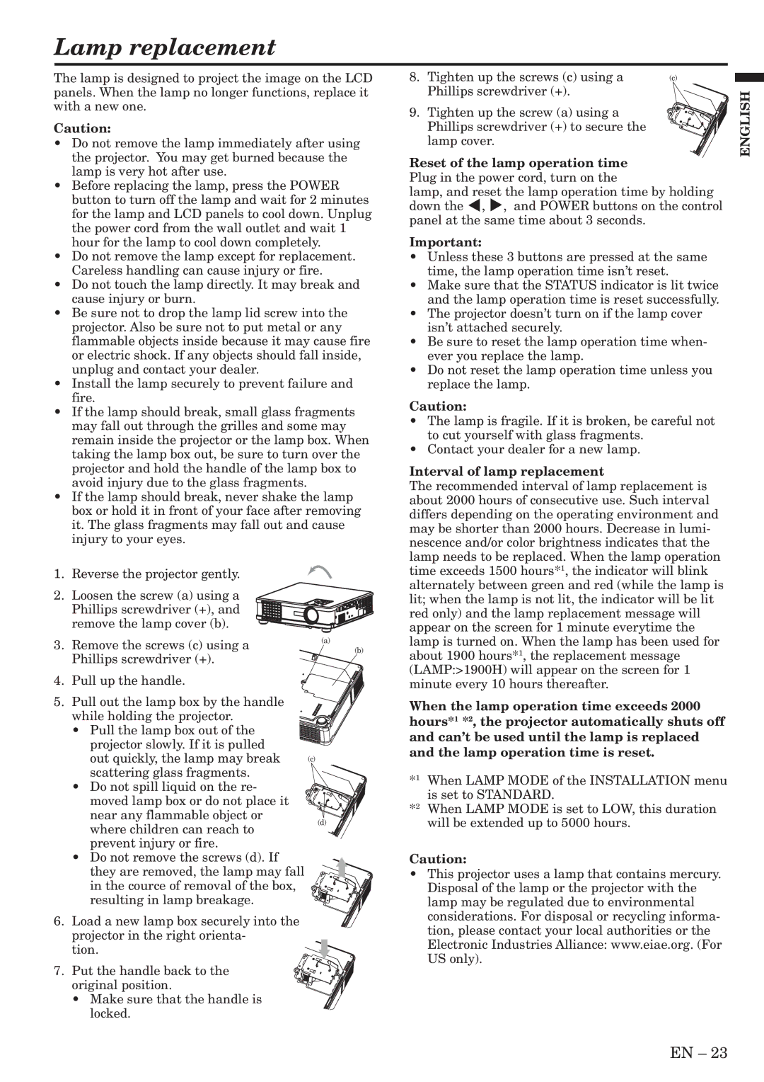 Mitsubishi Electronics SL6U user manual Lamp replacement, Reset of the lamp operation time, Interval of lamp replacement 