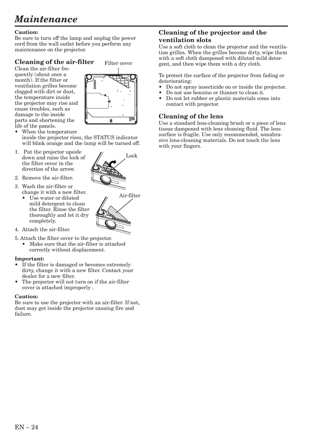 Mitsubishi Electronics SL6U user manual Maintenance, Cleaning of the air-filter Filter cover, Cleaning of the lens 