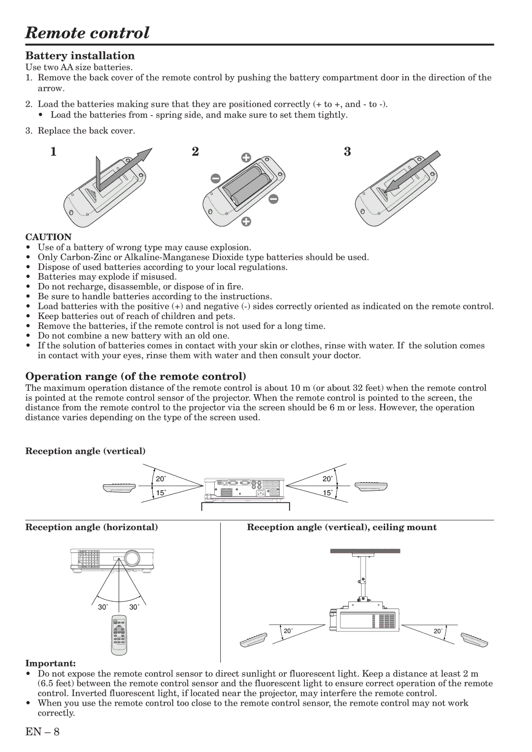 Mitsubishi Electronics SL6U user manual Remote control, Battery installation, Operation range of the remote control 