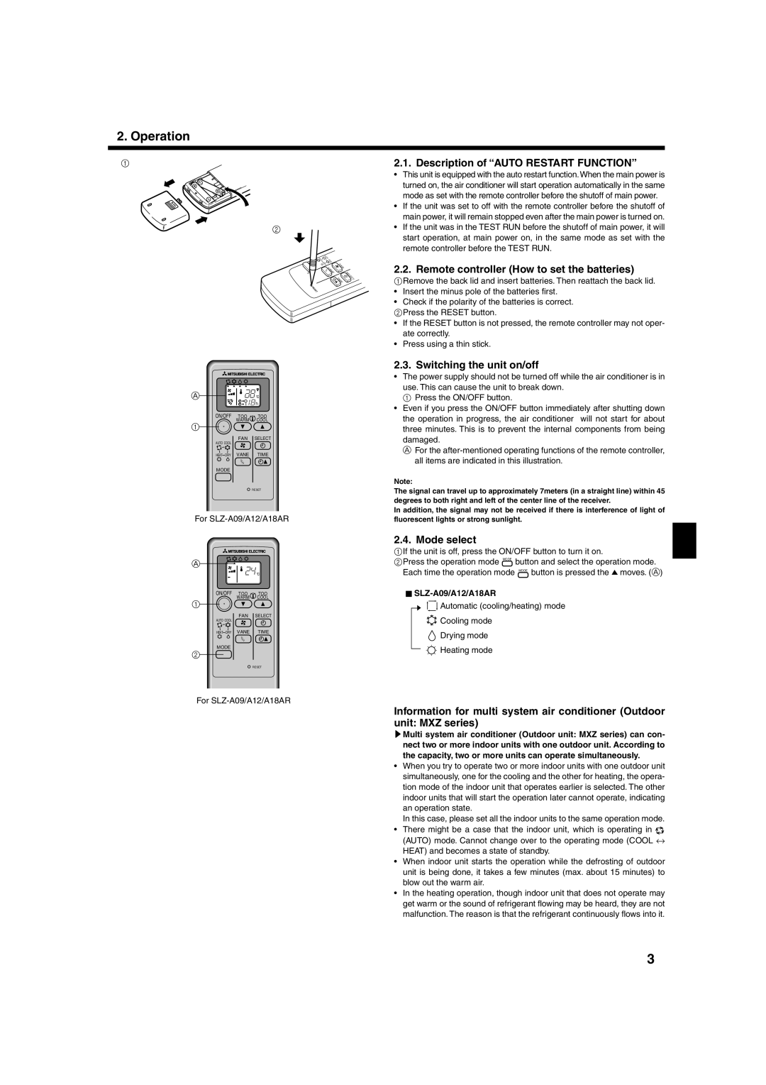 Mitsubishi Electronics SLZ-A09 Operation, Description of Auto Restart Function, Remote controller How to set the batteries 