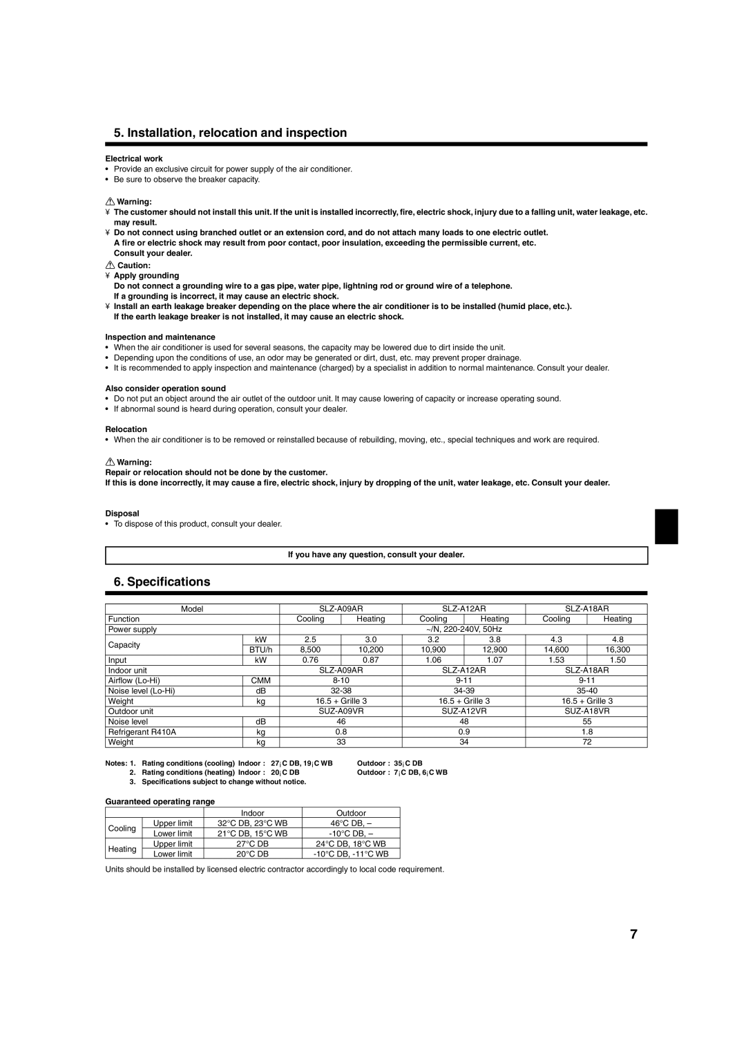 Mitsubishi Electronics A18AR, SLZ-A09, A12 Specifications, Electrical work, Also consider operation sound, Relocation 