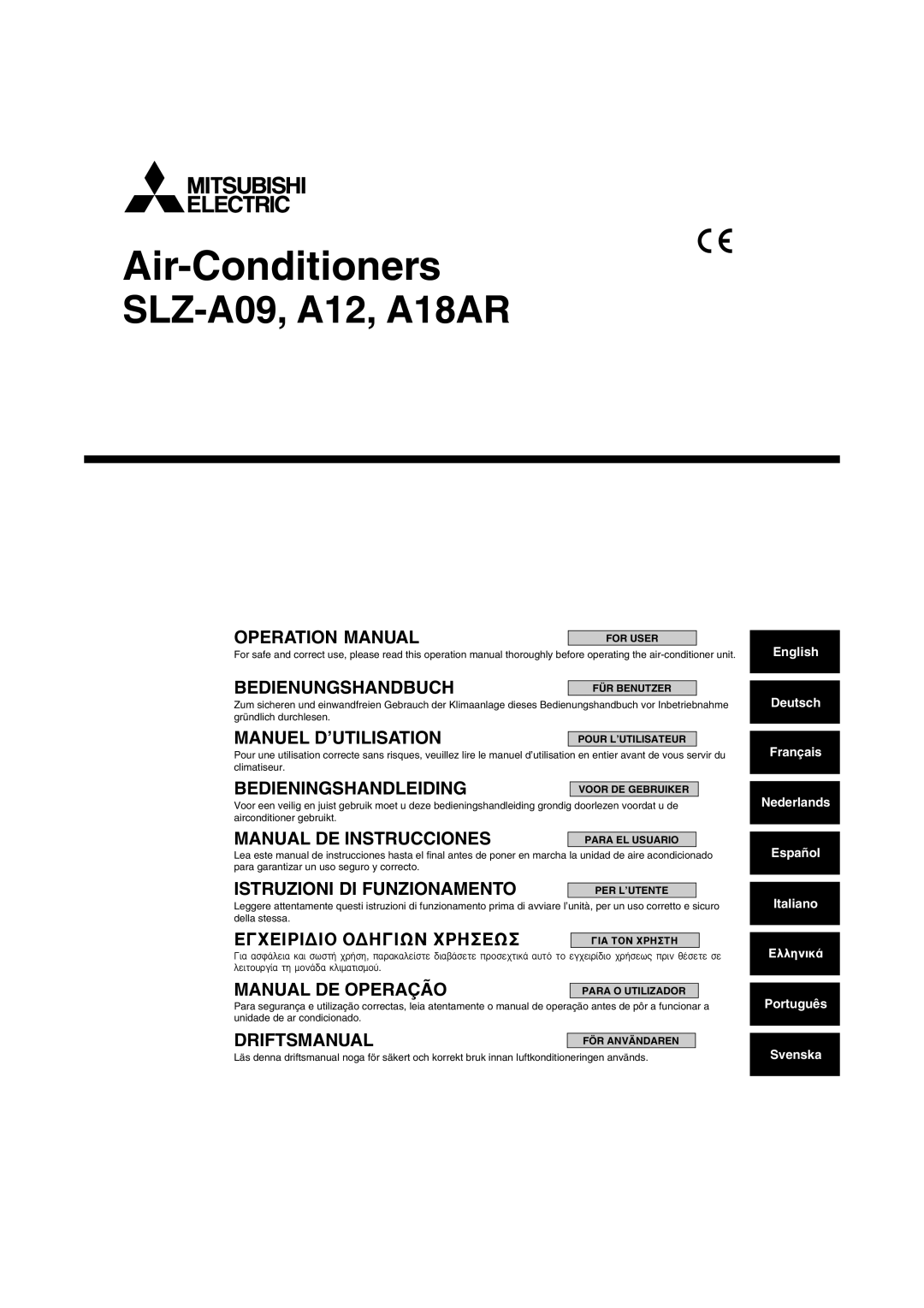 Mitsubishi Electronics operation manual Air-Conditioners, SLZ-A09, A12, A18AR, Operation Manual, Bedienungshandbuch 