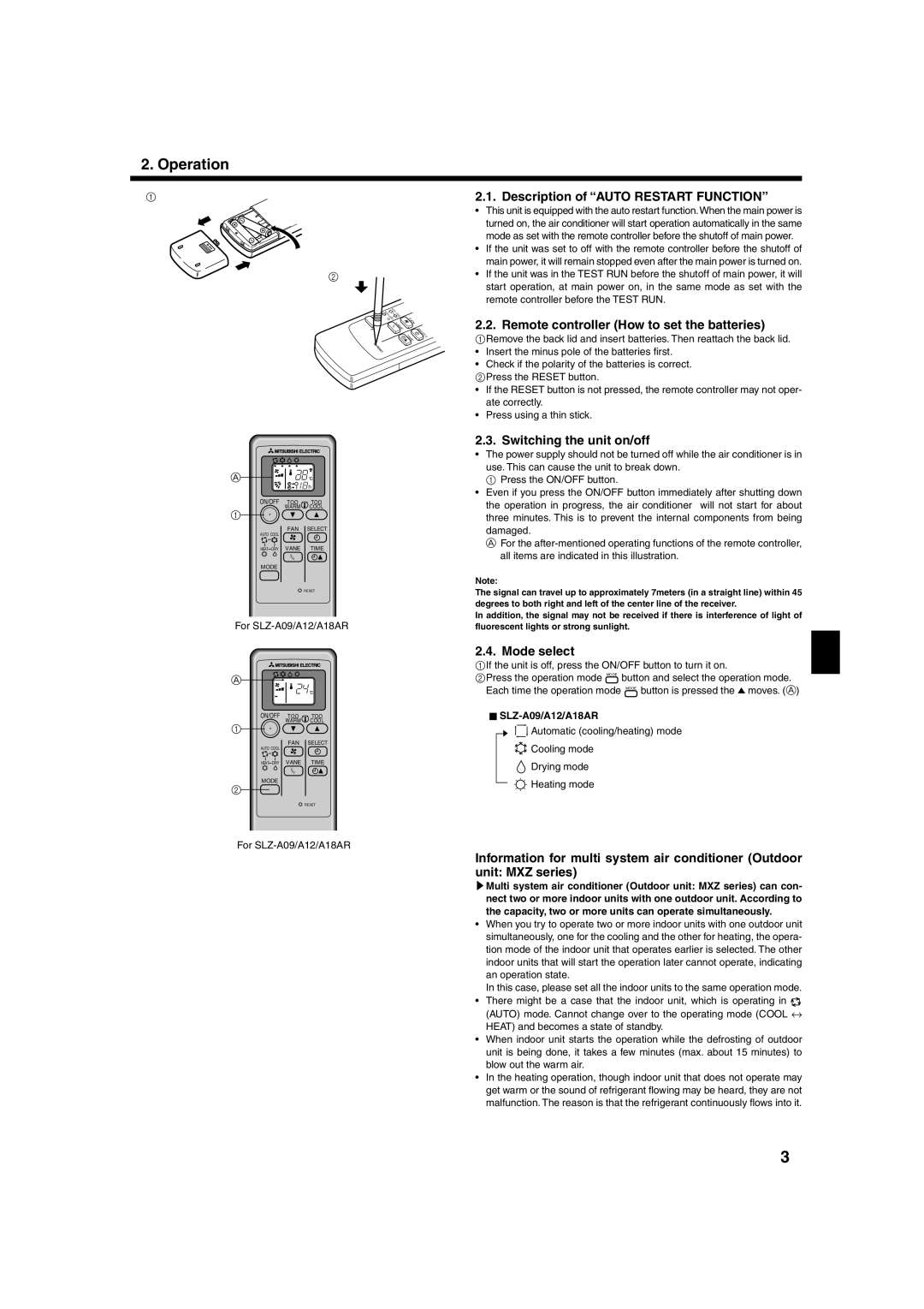 Mitsubishi Electronics SLZ-A09 Operation, Description of “AUTO RESTART FUNCTION”, Switching the unit on/off, Mode select 