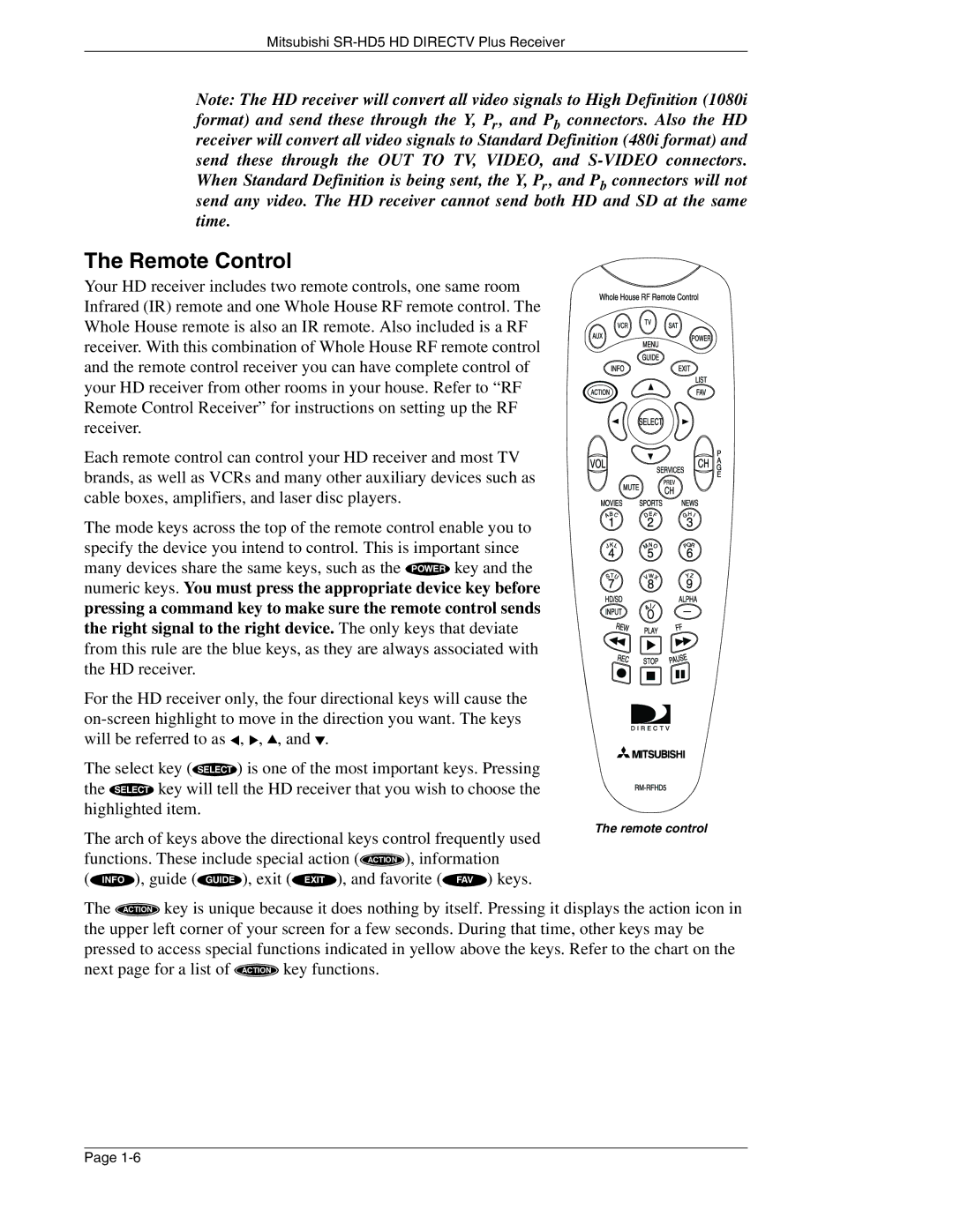 Mitsubishi Electronics SR-HD5 manual Remote Control 