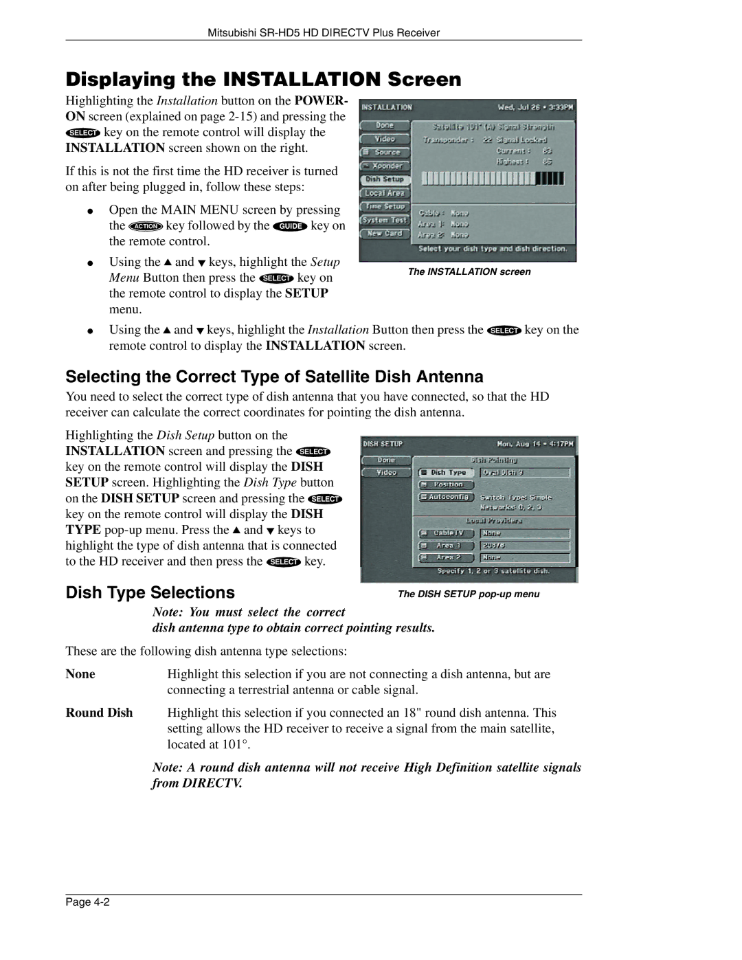 Mitsubishi Electronics SR-HD5 Displaying the Installation Screen, Selecting the Correct Type of Satellite Dish Antenna 