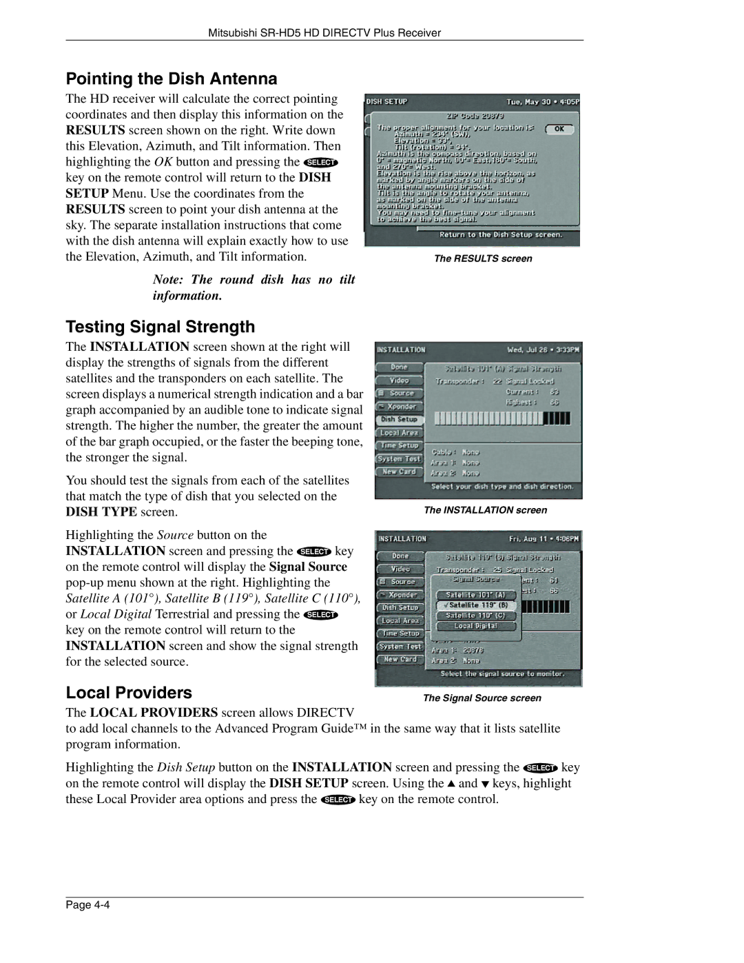 Mitsubishi Electronics SR-HD5 manual Pointing the Dish Antenna, Testing Signal Strength, Local Providers 