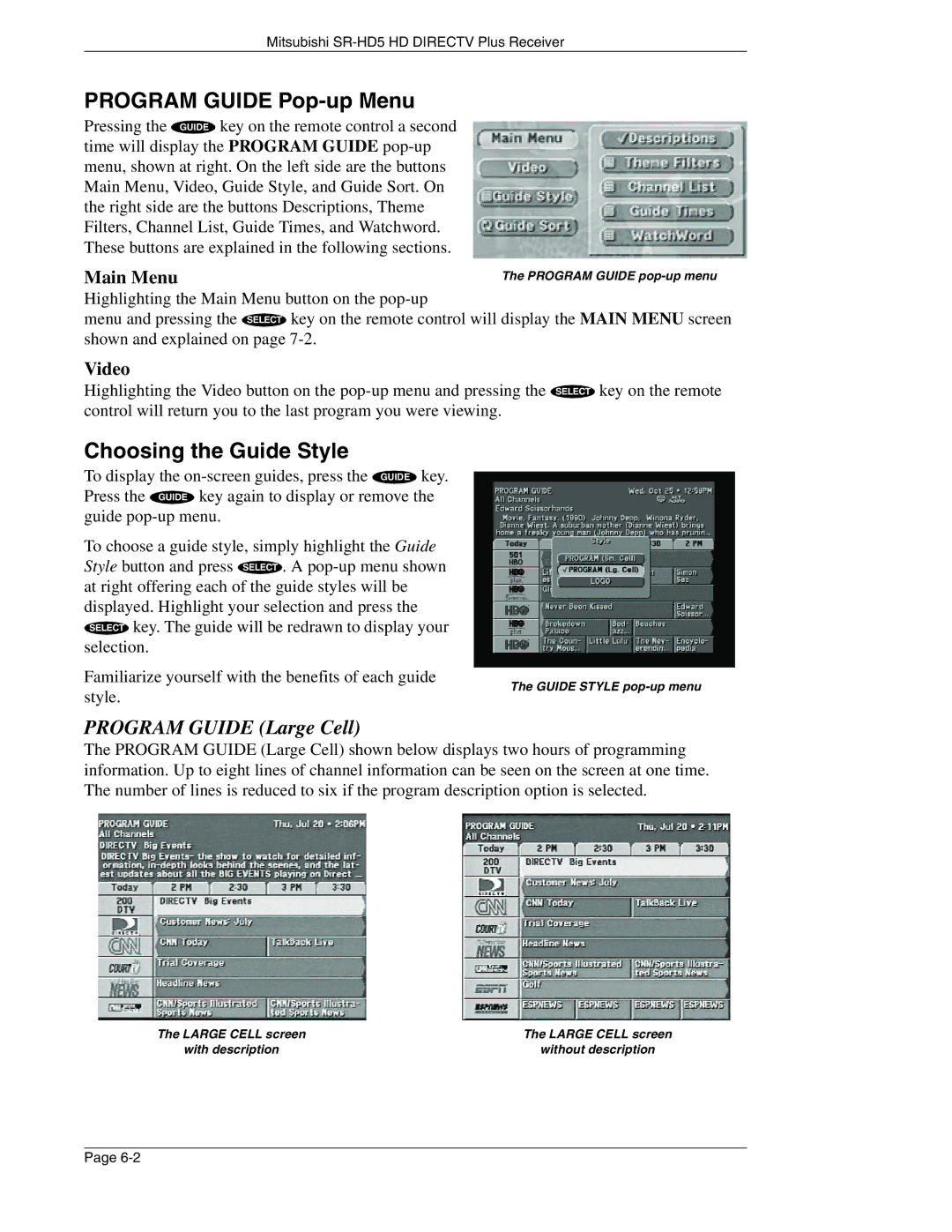 Mitsubishi Electronics SR-HD5 manual Program Guide Pop-up Menu, Choosing the Guide Style 