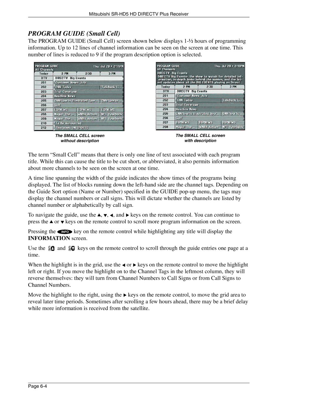 Mitsubishi Electronics SR-HD5 manual Program Guide Small Cell 