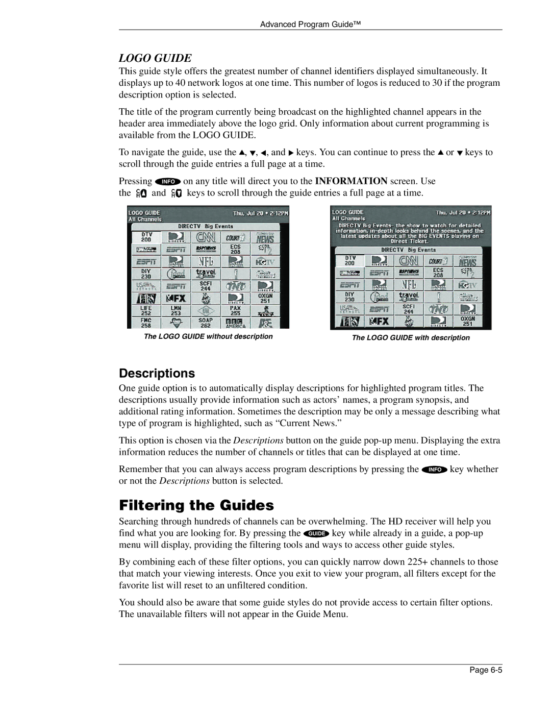 Mitsubishi Electronics SR-HD5 manual Filtering the Guides, Descriptions 