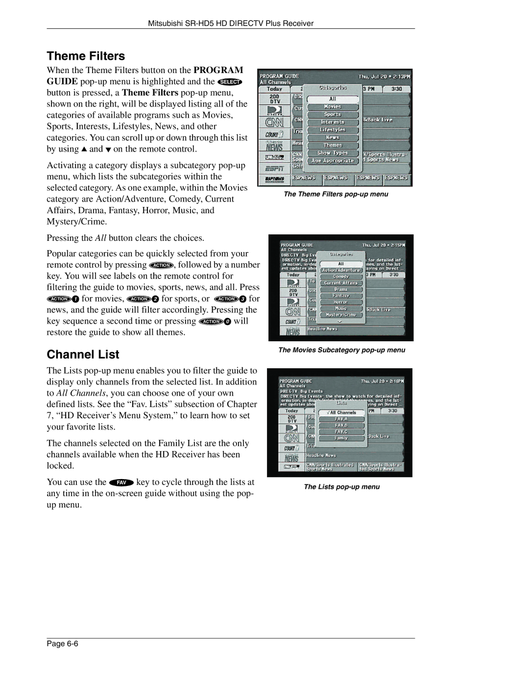 Mitsubishi Electronics SR-HD5 manual Theme Filters, Channel List 