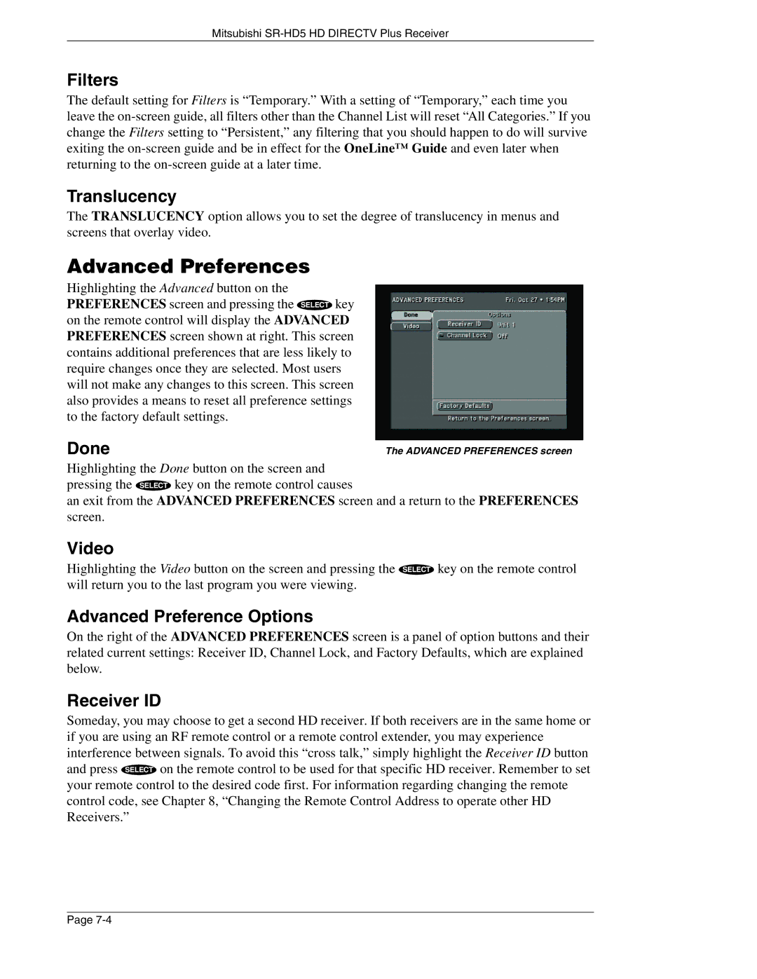 Mitsubishi Electronics SR-HD5 manual Advanced Preferences, Filters, Translucency, Advanced Preference Options, Receiver ID 