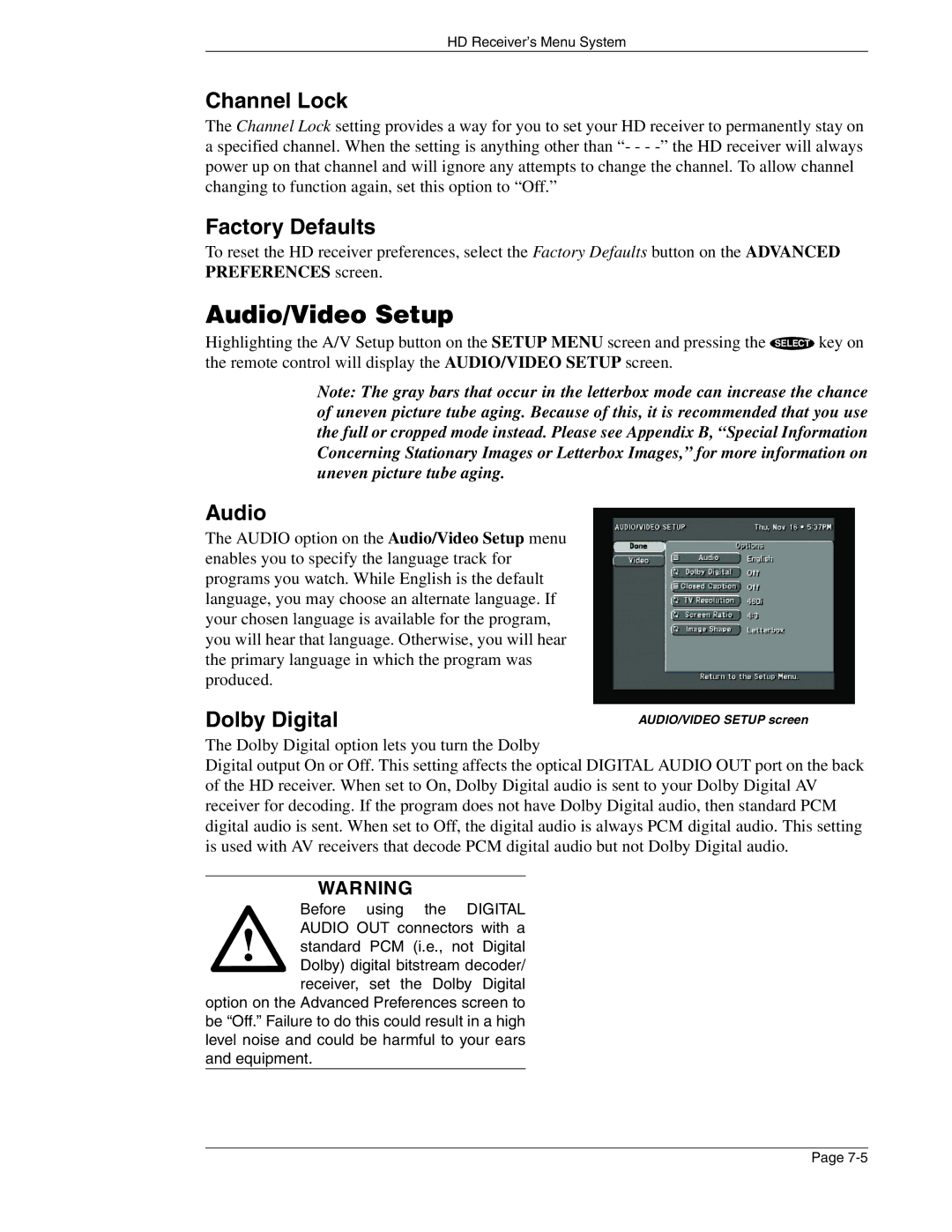 Mitsubishi Electronics SR-HD5 manual Audio/Video Setup, Channel Lock, Factory Defaults, Dolby Digital 