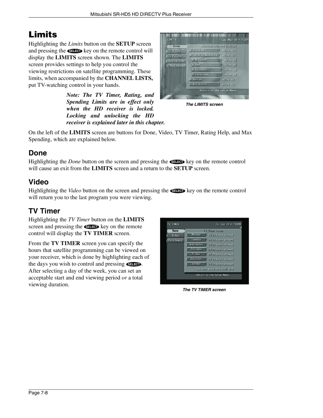 Mitsubishi Electronics SR-HD5 manual Limits, TV Timer 