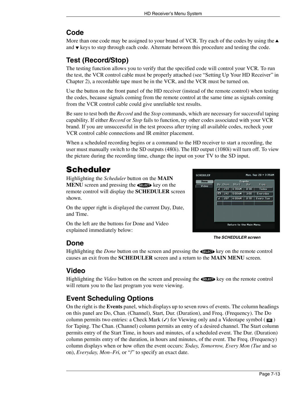 Mitsubishi Electronics SR-HD5 manual Scheduler, Code, Test Record/Stop, Event Scheduling Options 