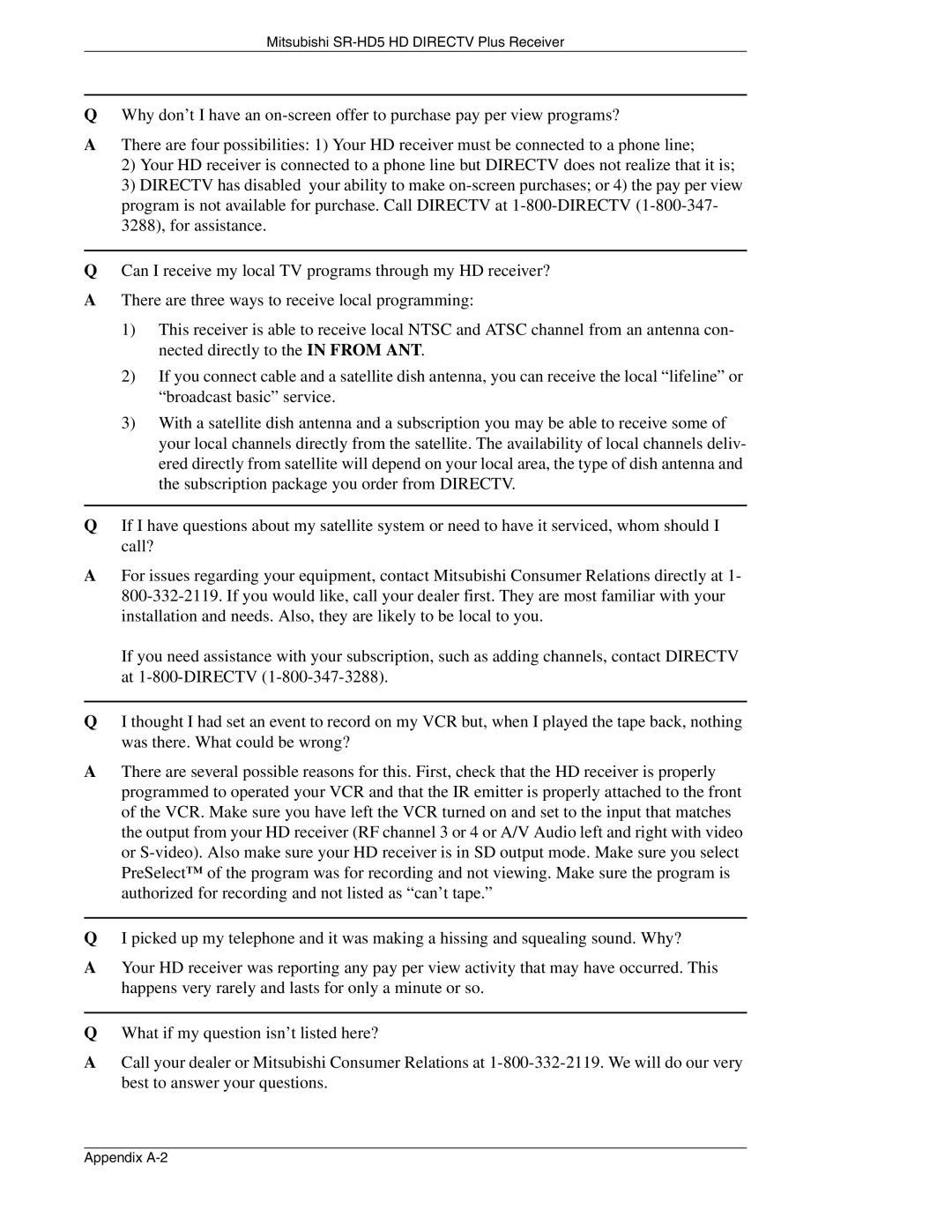 Mitsubishi Electronics SR-HD5 manual Appendix A-2 