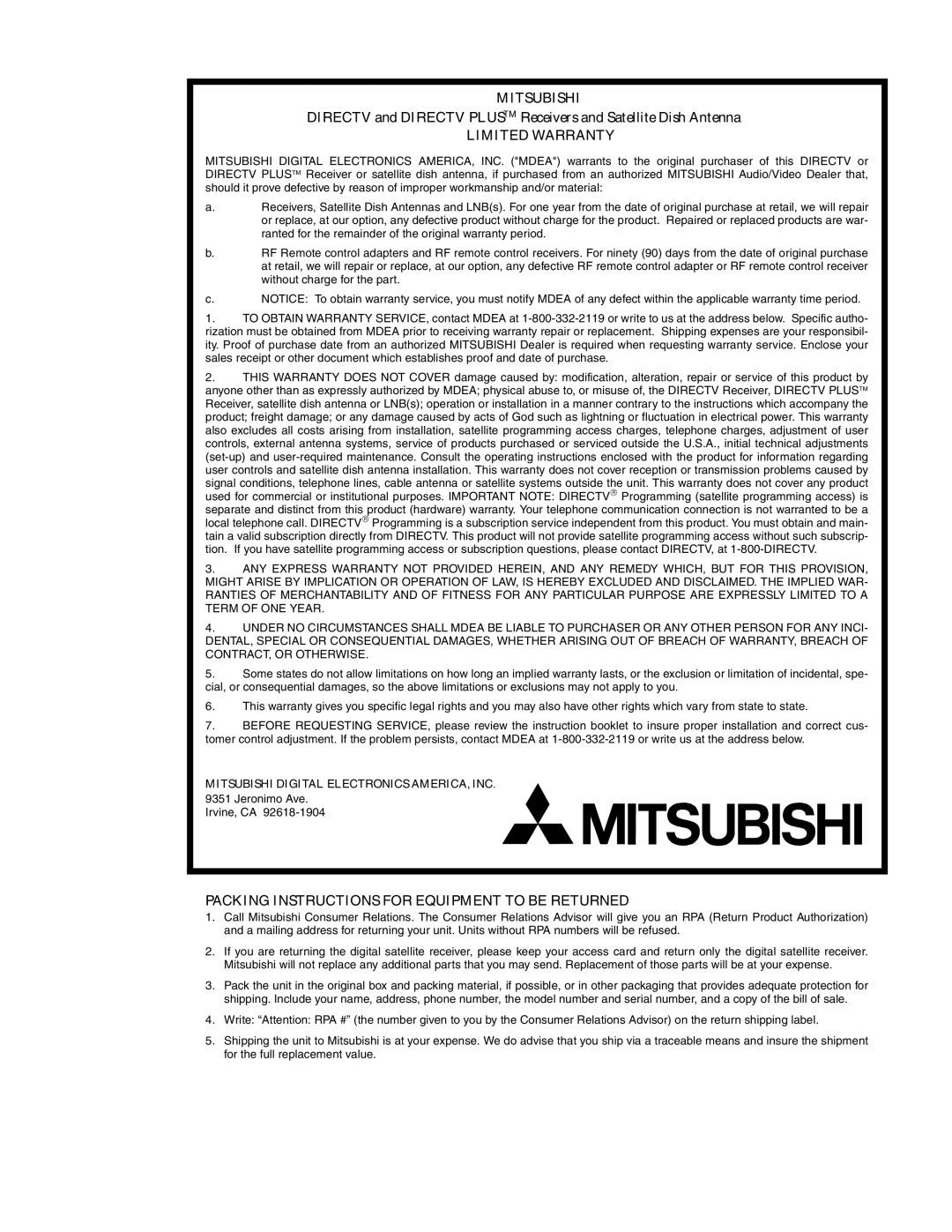 Mitsubishi Electronics SR-HD5 manual Mitsubishi 