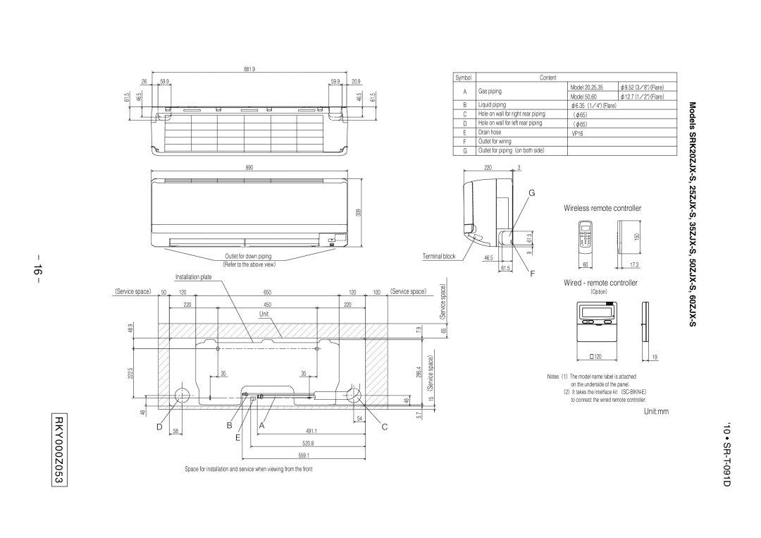 Mitsubishi Electronics SRK507J-S technical manual RKY000Z053, Models SRK20ZJX-S, 25ZJX-S, 35ZJX-S, 50ZJX-S, 60ZJX-S 