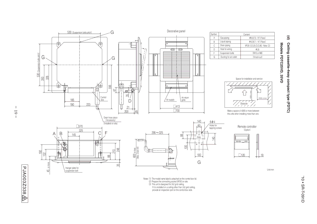 Mitsubishi Electronics SRK507J-S PJA003Z338 B, Models FDTC25VD, 35VD Ceiling cassette-4way, Pitch ）, Or more 