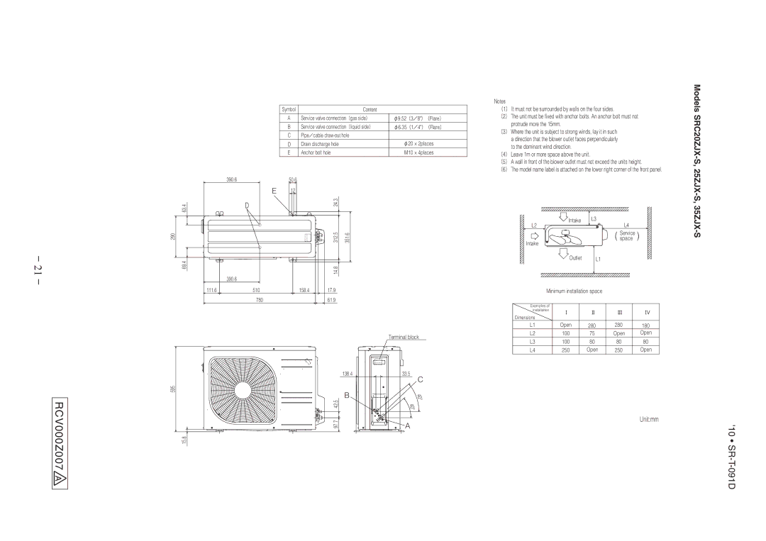 Mitsubishi Electronics SRK507J-S technical manual RCV000Z007 a, Models SRC20ZJX-S, 25ZJX-S, 35ZJX-S 