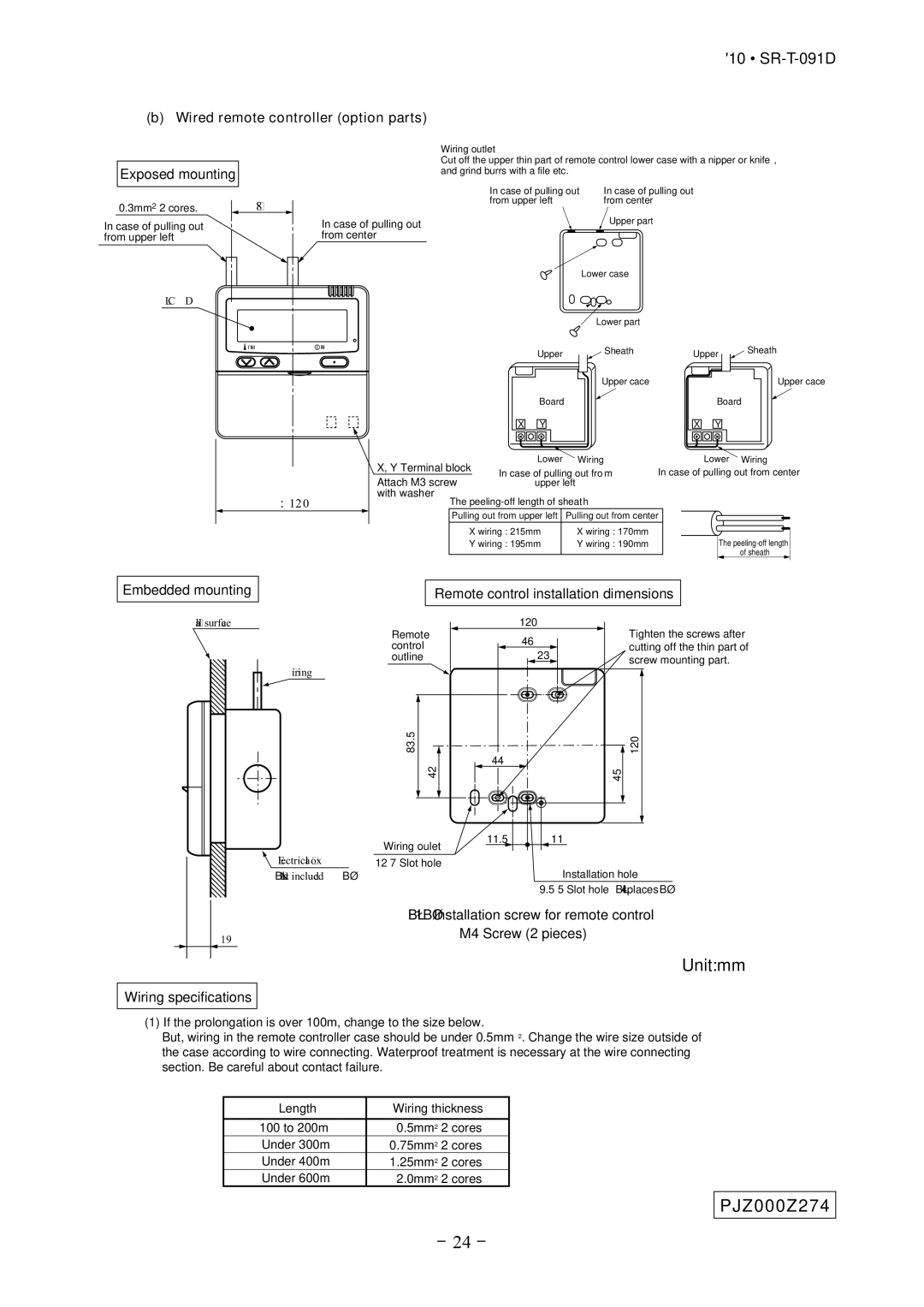 Mitsubishi Electronics SRK507J-S technical manual Unitmm, PJZ000Z274, Wired remote controller option parts 