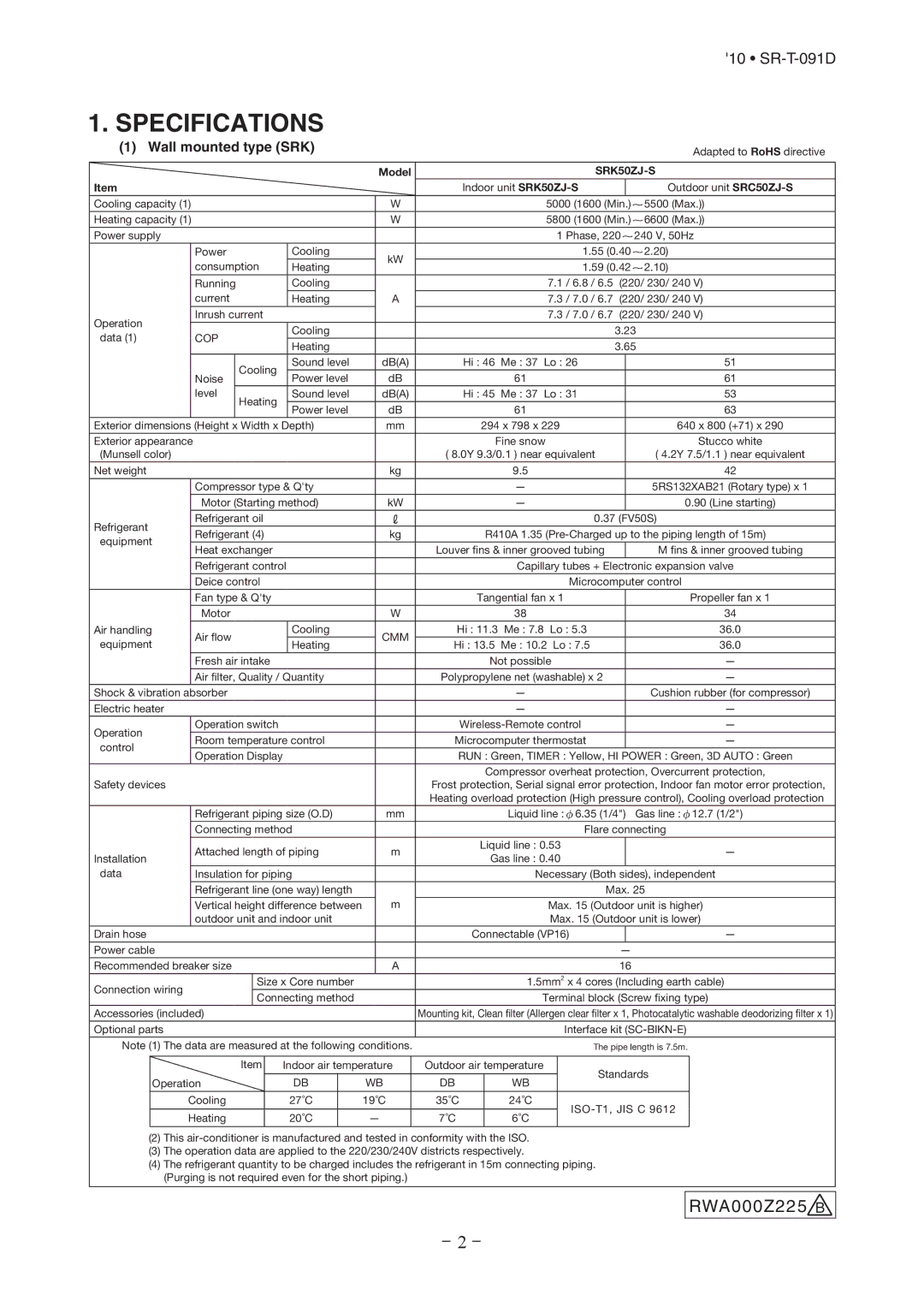 Mitsubishi Electronics SRK507J-S technical manual RWA000Z225 B, Wall mounted type SRK, SRK50ZJ-S 