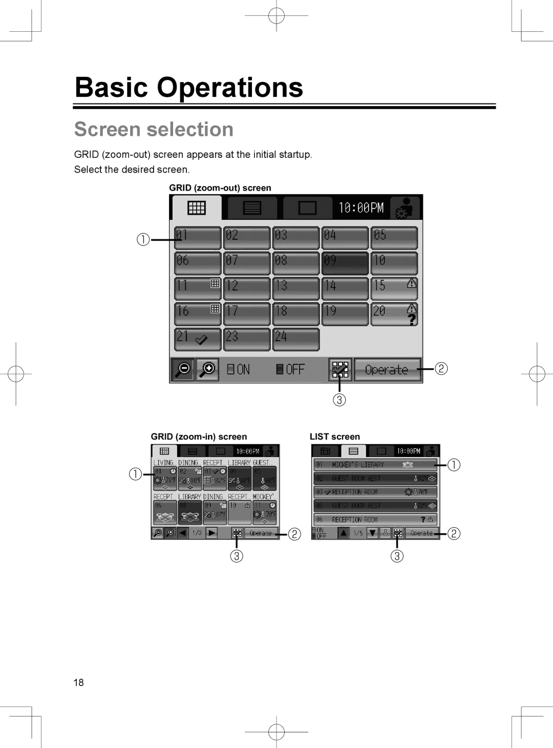 Mitsubishi Electronics TC-24A Basic Operations, Screen selection, Grid zoom-out screen Grid zoom-in screen List screen 