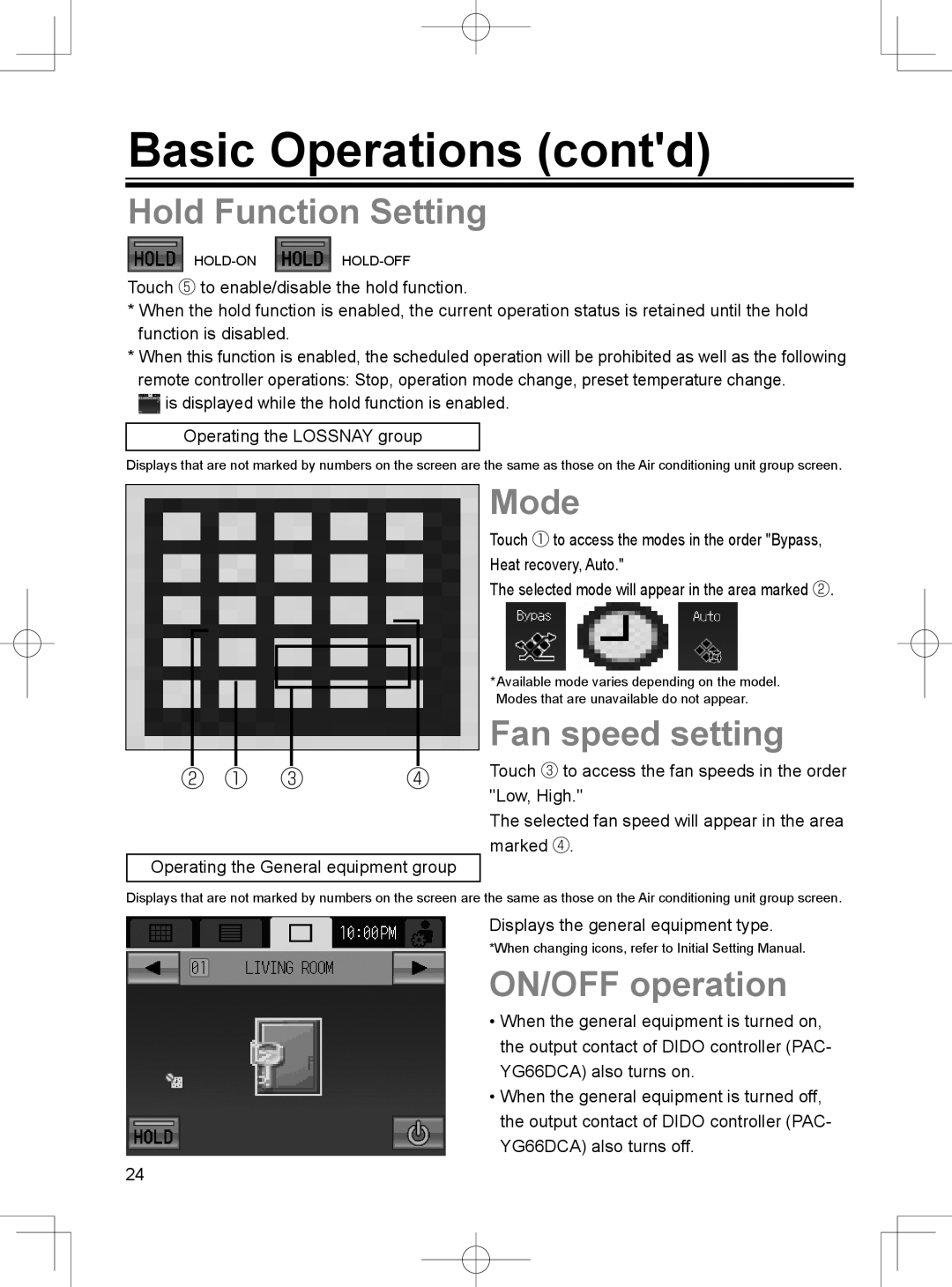 Mitsubishi Electronics TC-24A Hold Function Setting, Mode, Fan speed setting, Operating the General equipment group 