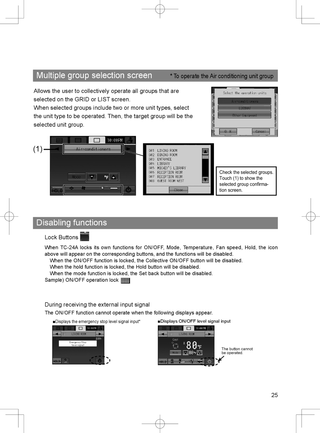 Mitsubishi Electronics TC-24A installation manual Multiple group selection screen, Lock Buttons 