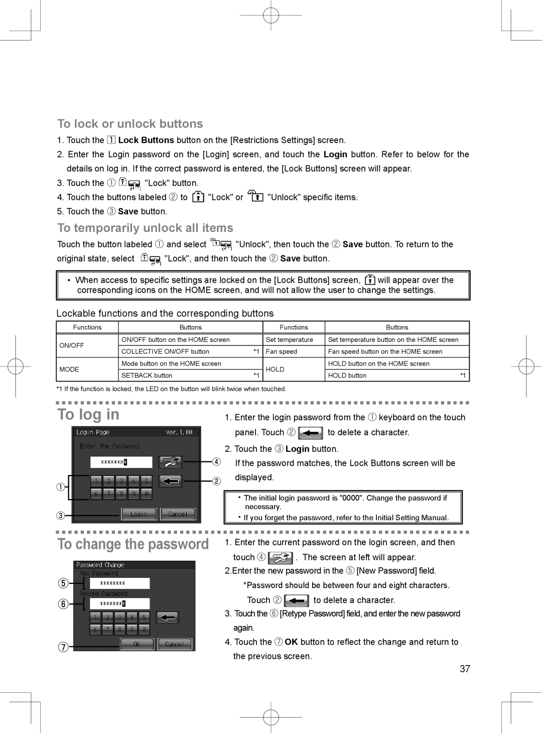 Mitsubishi Electronics TC-24A installation manual To log, To lock or unlock buttons, To temporarily unlock all items 