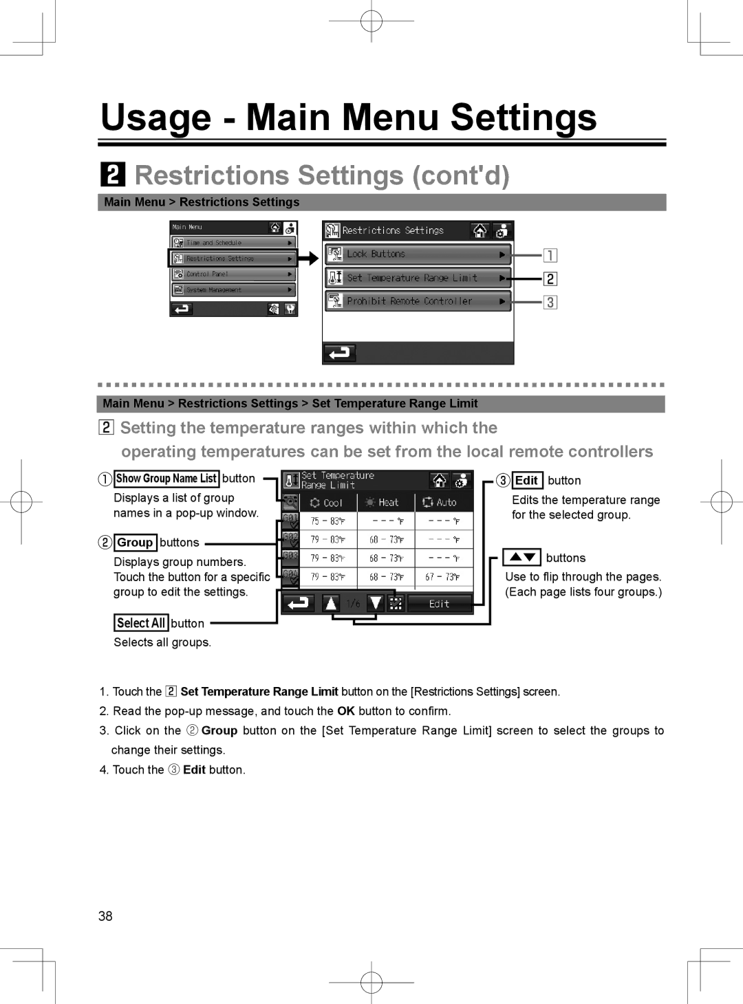 Mitsubishi Electronics TC-24A installation manual Restrictions Settings contd, Edit, Group 