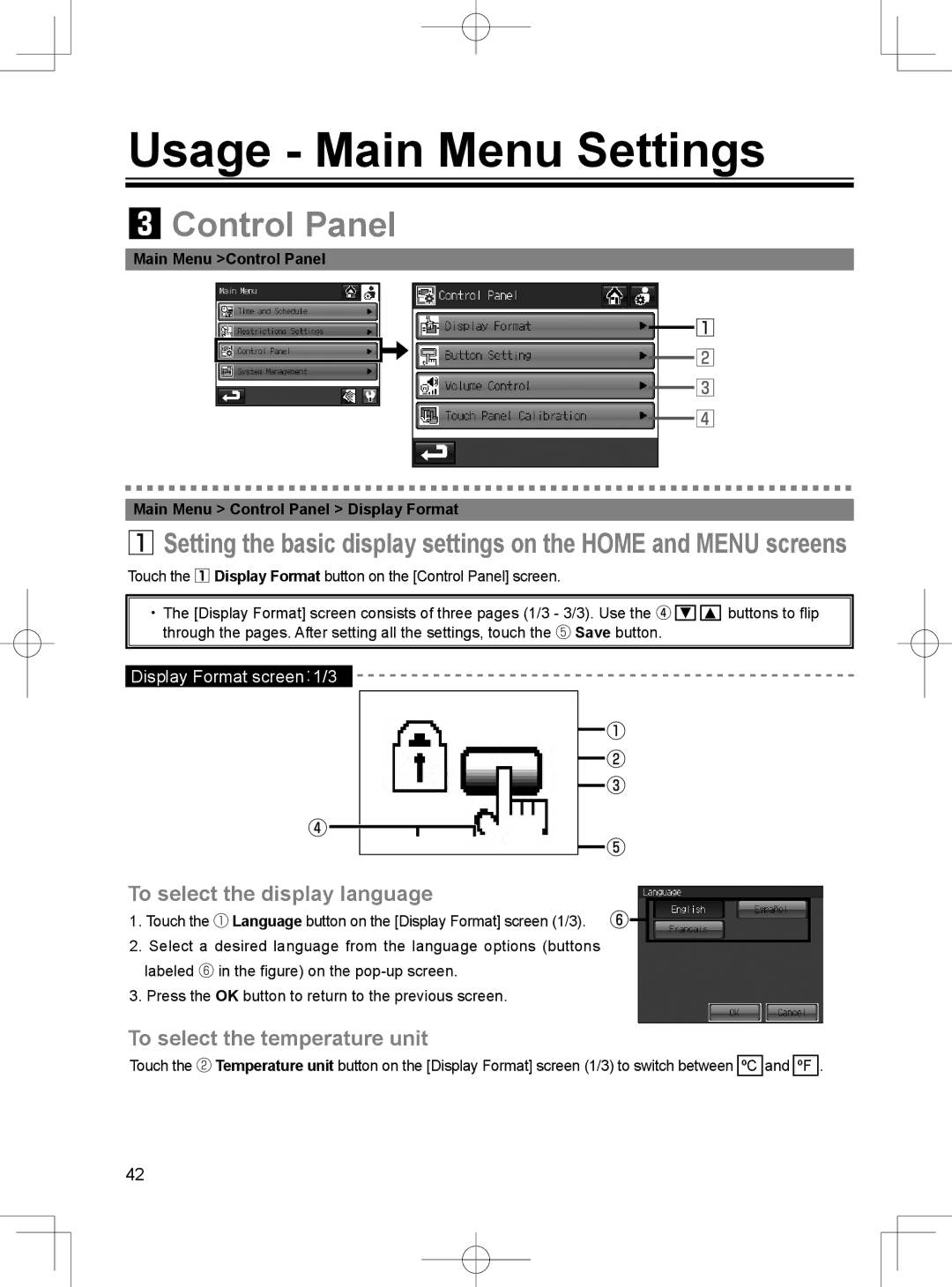 Mitsubishi Electronics TC-24A Control Panel, To select the display language, To select the temperature unit 