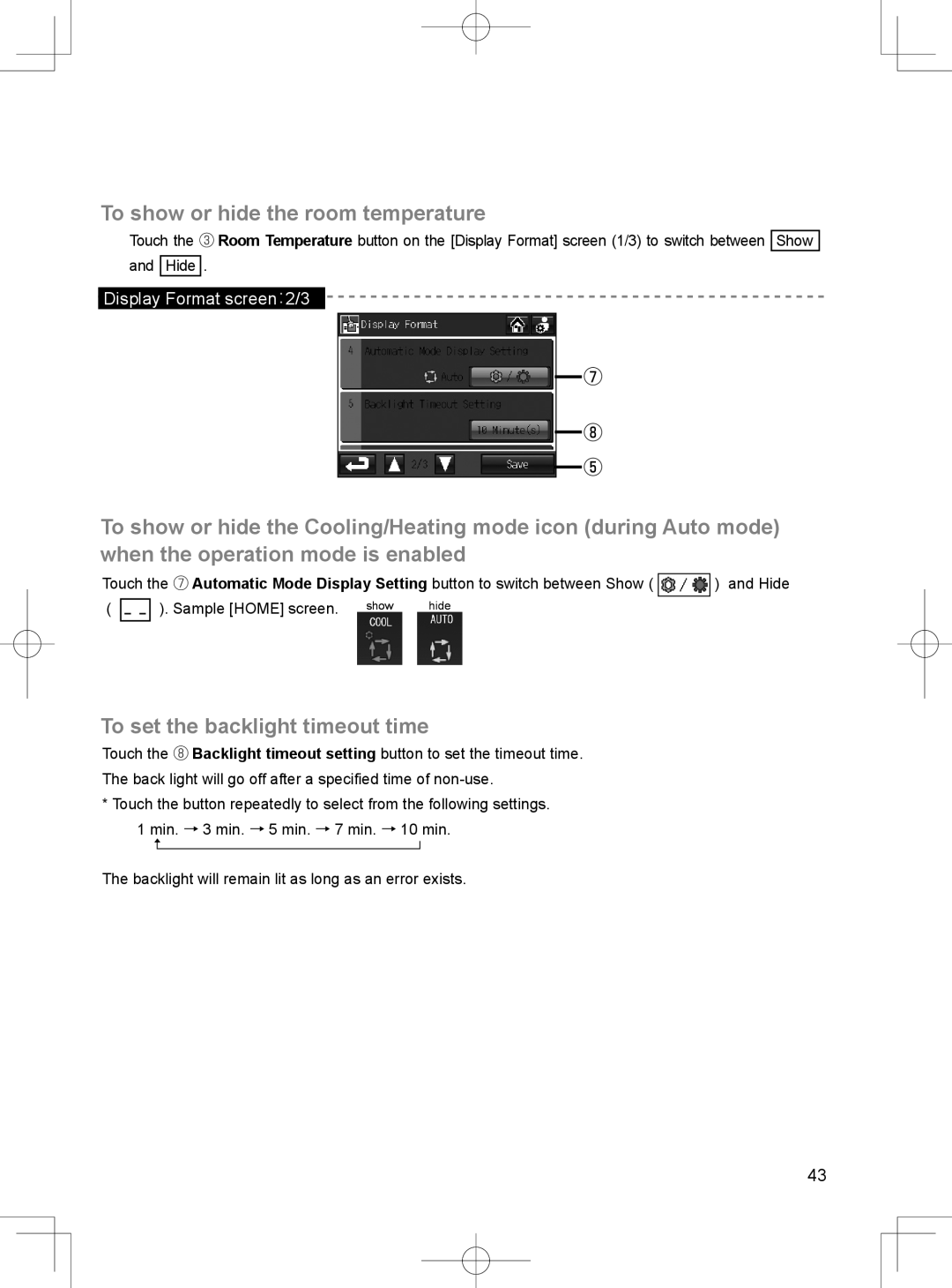 Mitsubishi Electronics TC-24A installation manual To show or hide the room temperature, To set the backlight timeout time 