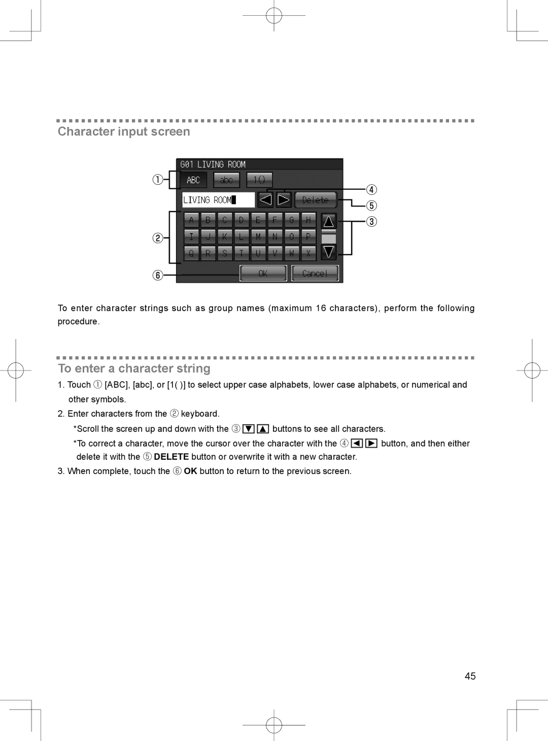 Mitsubishi Electronics TC-24A installation manual Character input screen, To enter a character string 