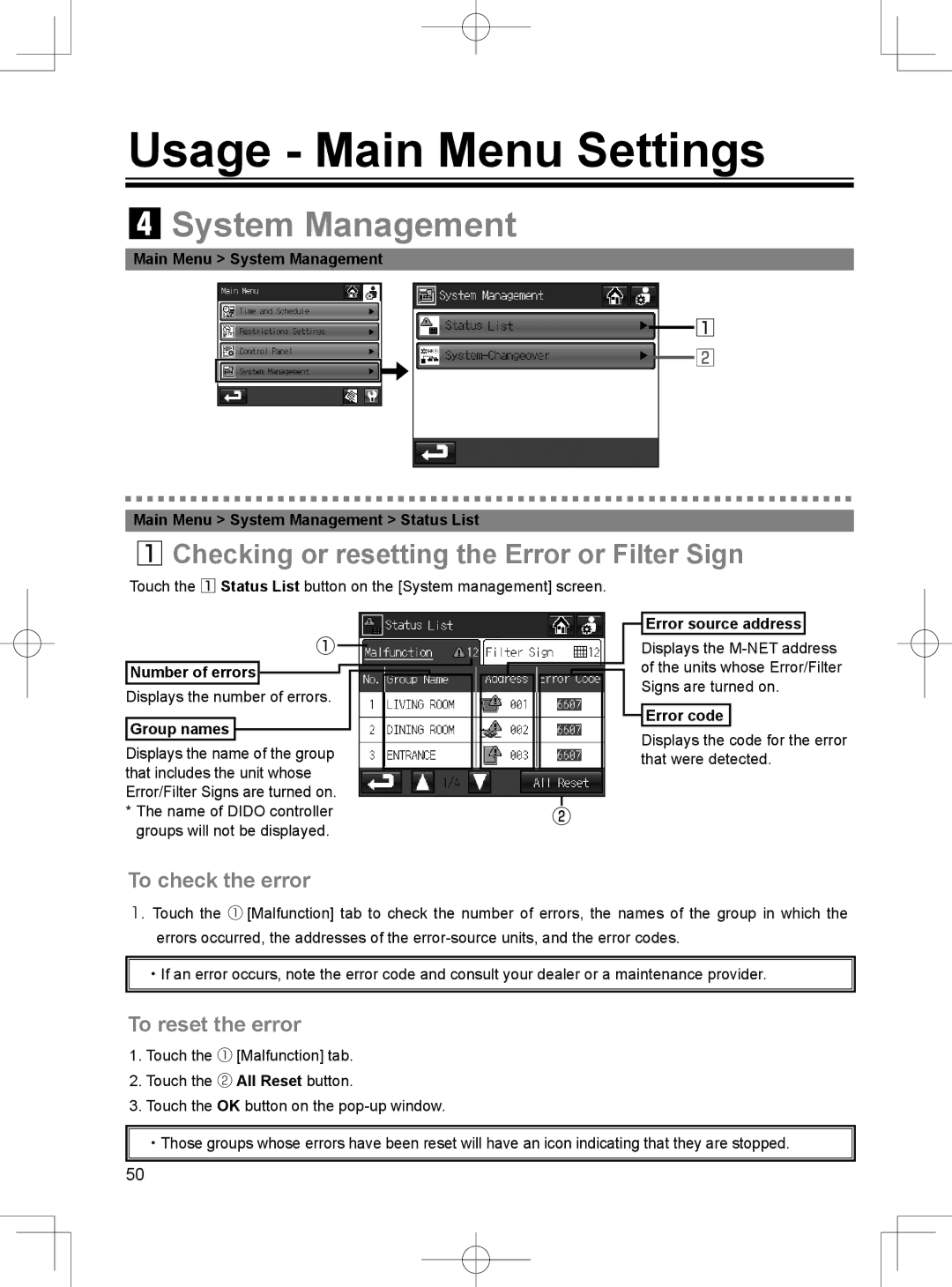 Mitsubishi Electronics TC-24A System Management, Checking or resetting the Error or Filter Sign, To check the error 