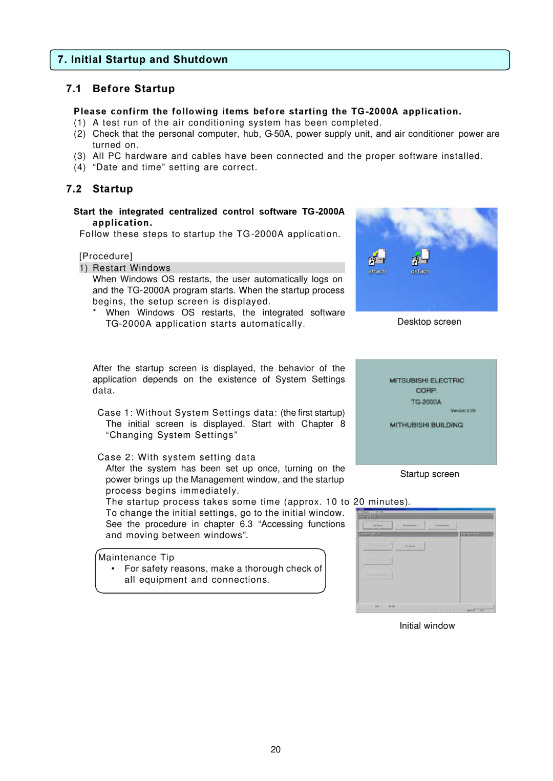 Mitsubishi Electronics TG-2000A operation manual Initial Startup and Shutdown Before Startup 