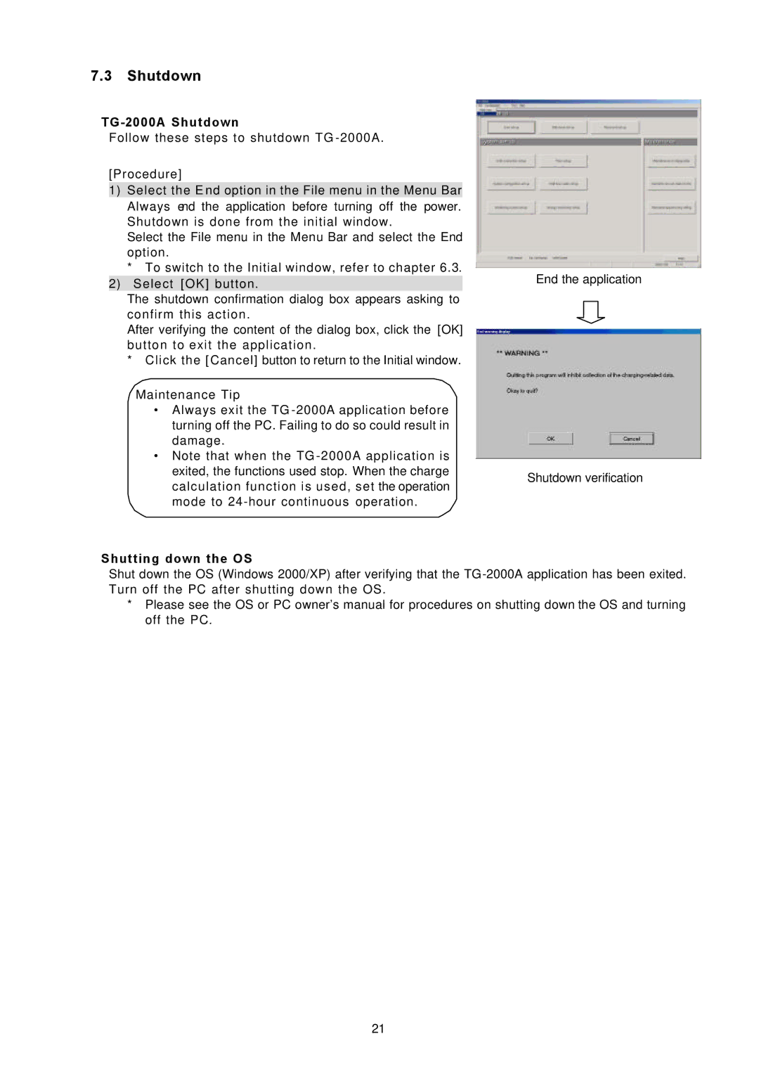 Mitsubishi Electronics operation manual TG-2000A Shutdown, Shutting down the OS 