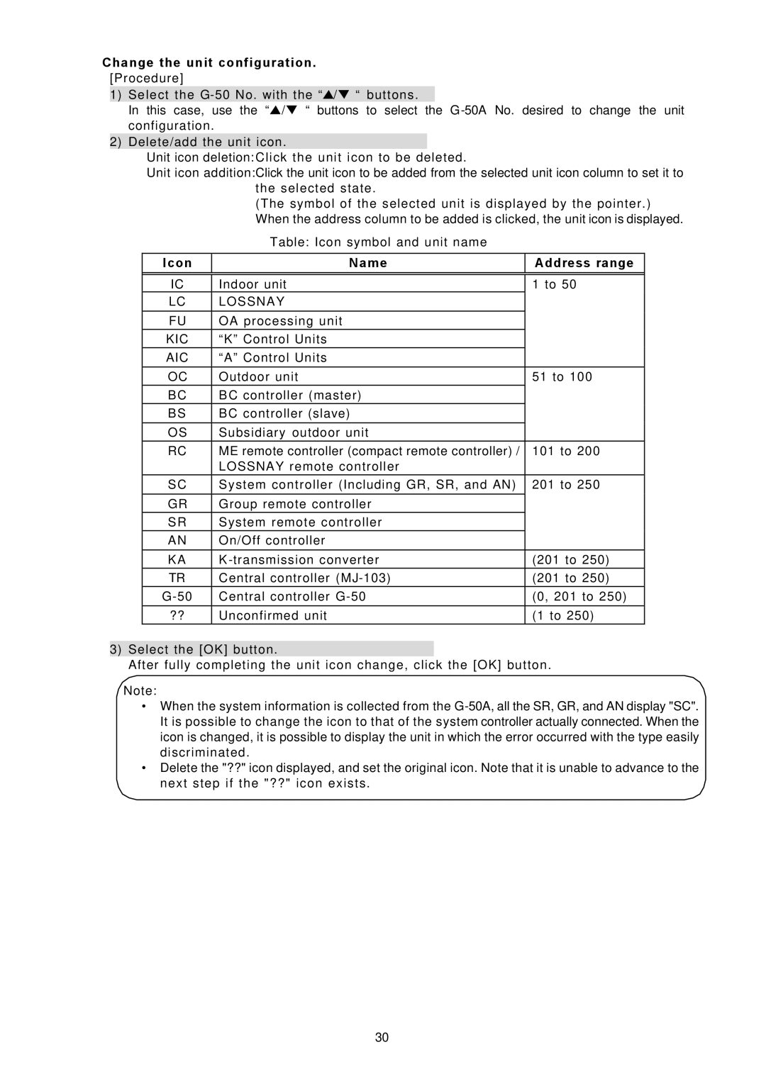 Mitsubishi Electronics TG-2000A operation manual Change the unit configuration. Procedure, Icon Name Address range 