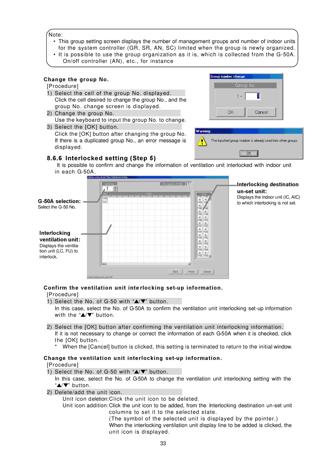 Mitsubishi Electronics TG-2000A Interlocked setting Step, Change the group No. Procedure, Interlocking ventilation unit 