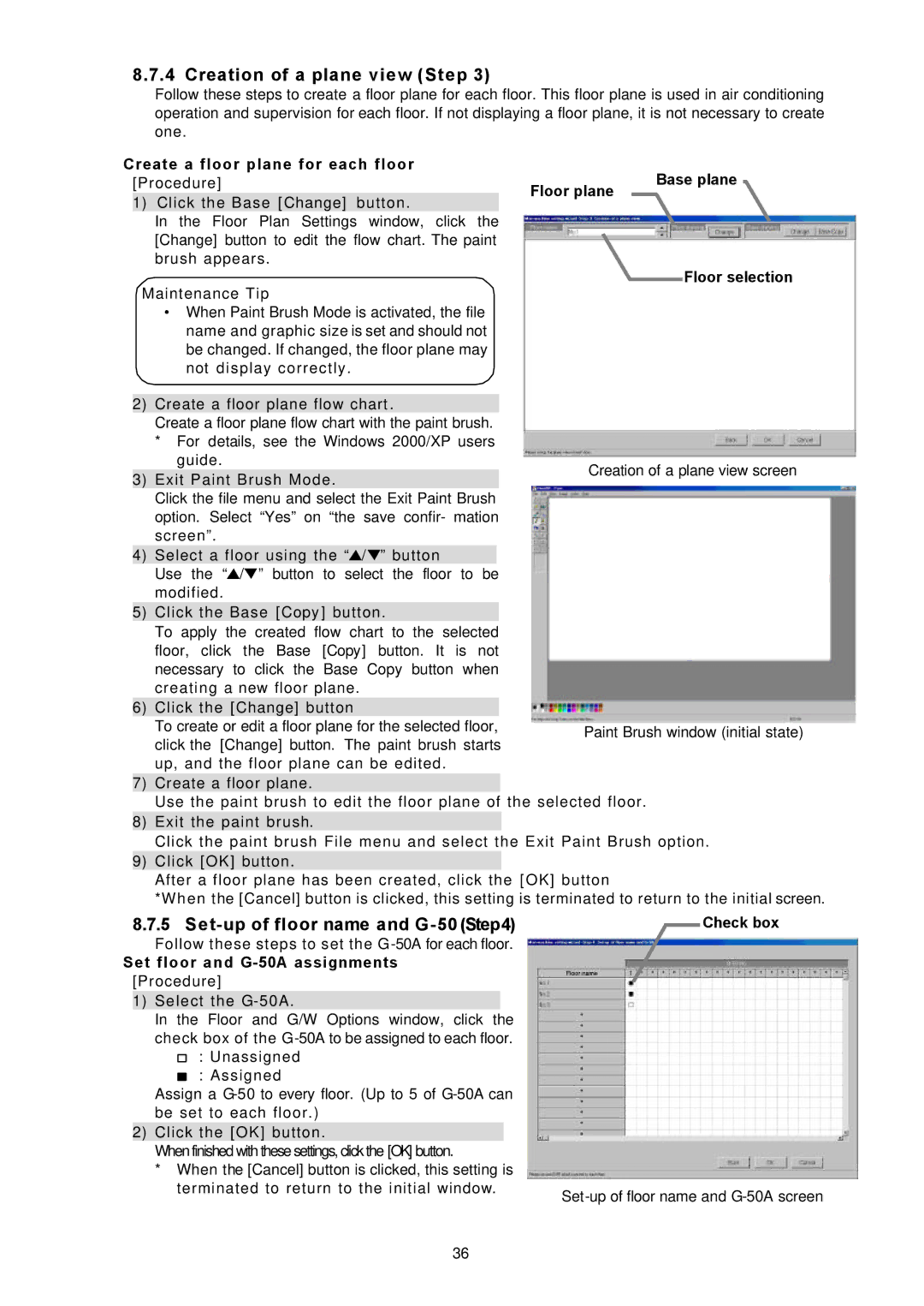 Mitsubishi Electronics TG-2000A operation manual Creation of a plane view Step, Set-up of floor name and G -50 