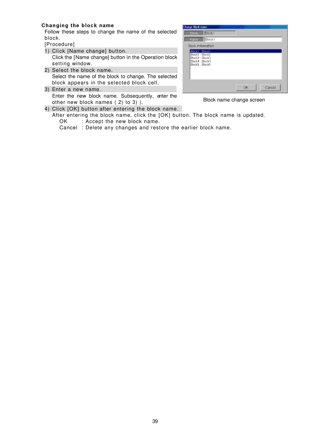 Mitsubishi Electronics TG-2000A operation manual Changing the block name 