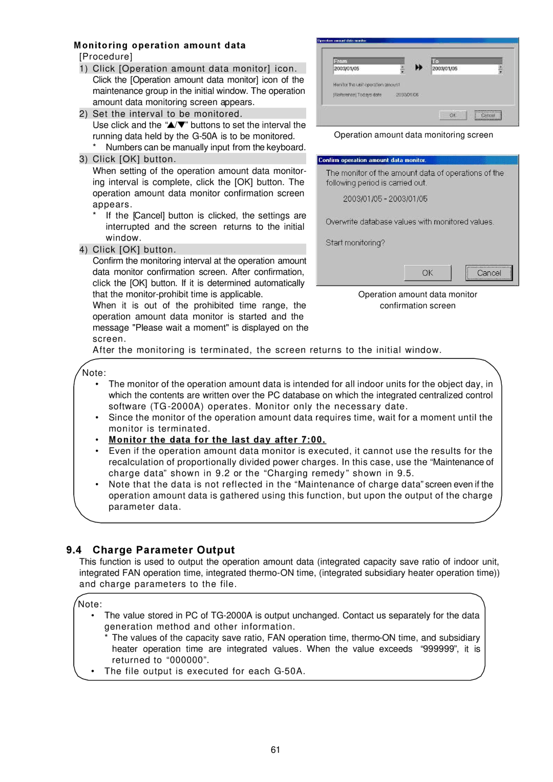 Mitsubishi Electronics TG-2000A operation manual Charge Parameter Output, Monitoring operation amount data 