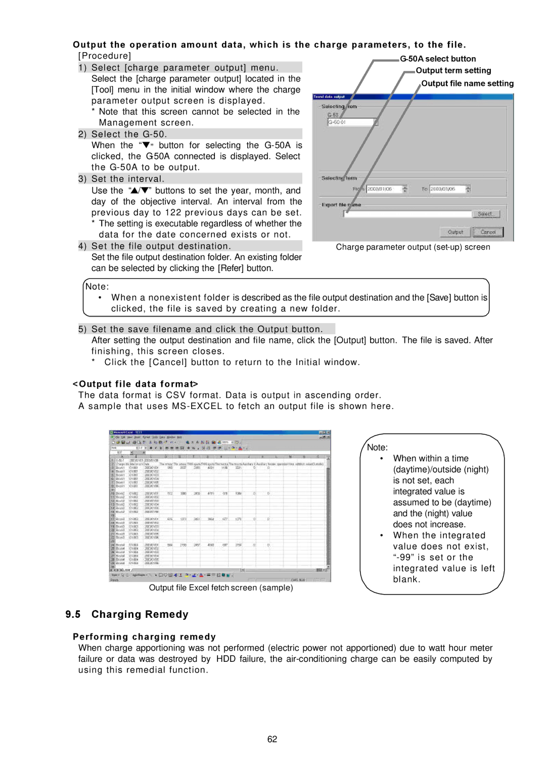 Mitsubishi Electronics TG-2000A operation manual Charging Remedy, Output file data format, Performing charging remedy 