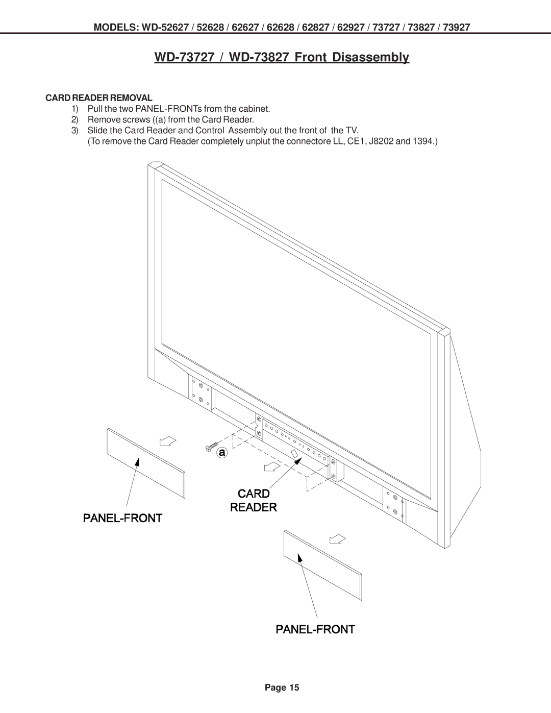 Mitsubishi Electronics V29, V31 CHASSIS, V30+ specifications WD-73727 / WD-73827 Front Disassembly, Card Reader Removal 