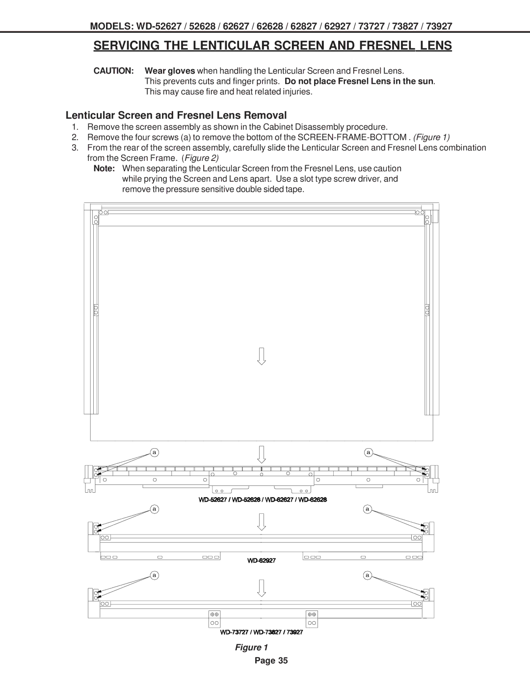 Mitsubishi Electronics V29 Servicing the Lenticular Screen and Fresnel Lens, Lenticular Screen and Fresnel Lens Removal 