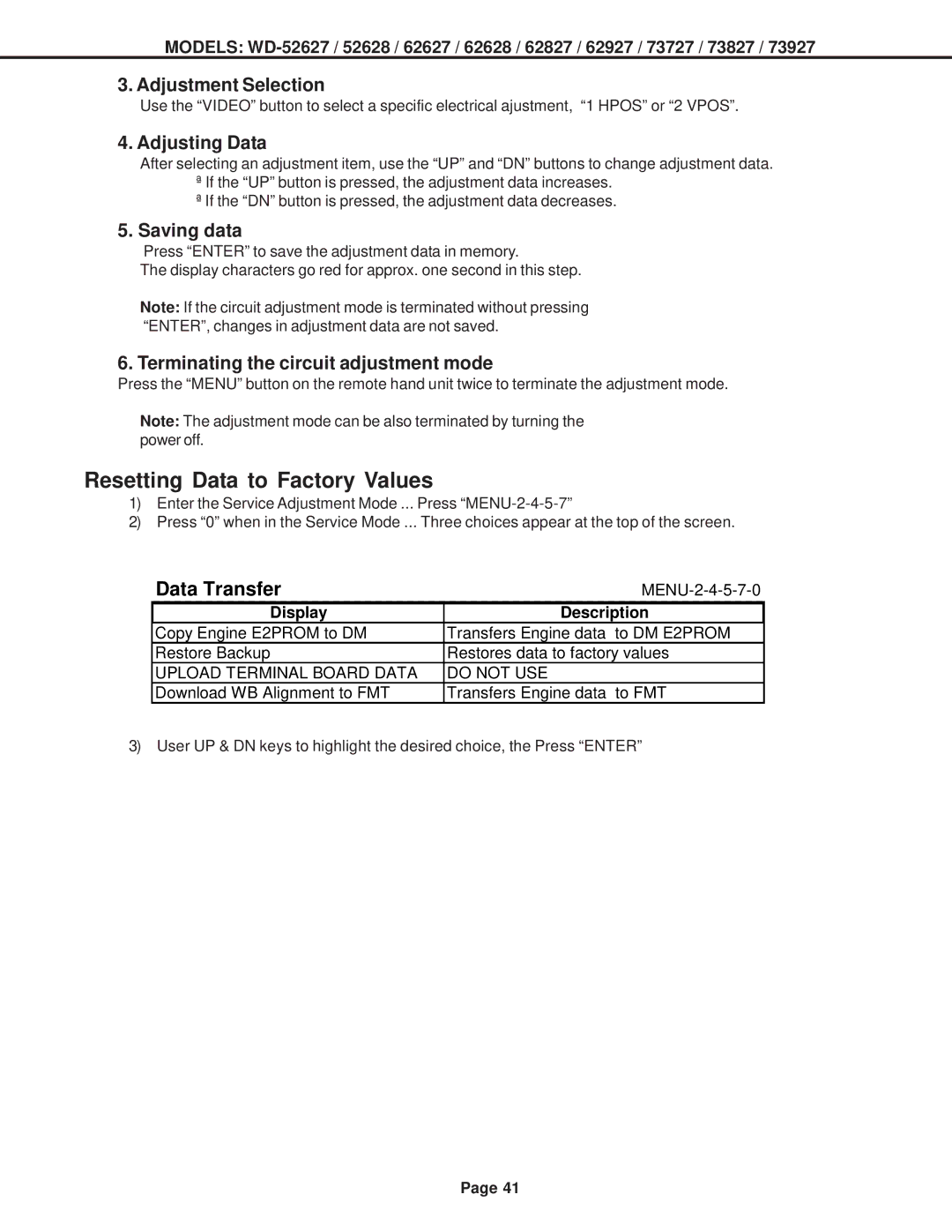 Mitsubishi Electronics V30+, V29 Resetting Data to Factory Values, Adjustment Selection, Adjusting Data, Saving data 