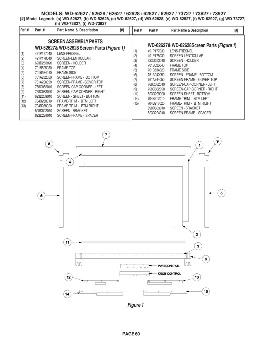 Mitsubishi Electronics V31 CHASSIS 491P178040 SCREEN-LENTICULAR, 598D822010 Screen Bracket 623D224010 SCREEN-FRAME Spacer 